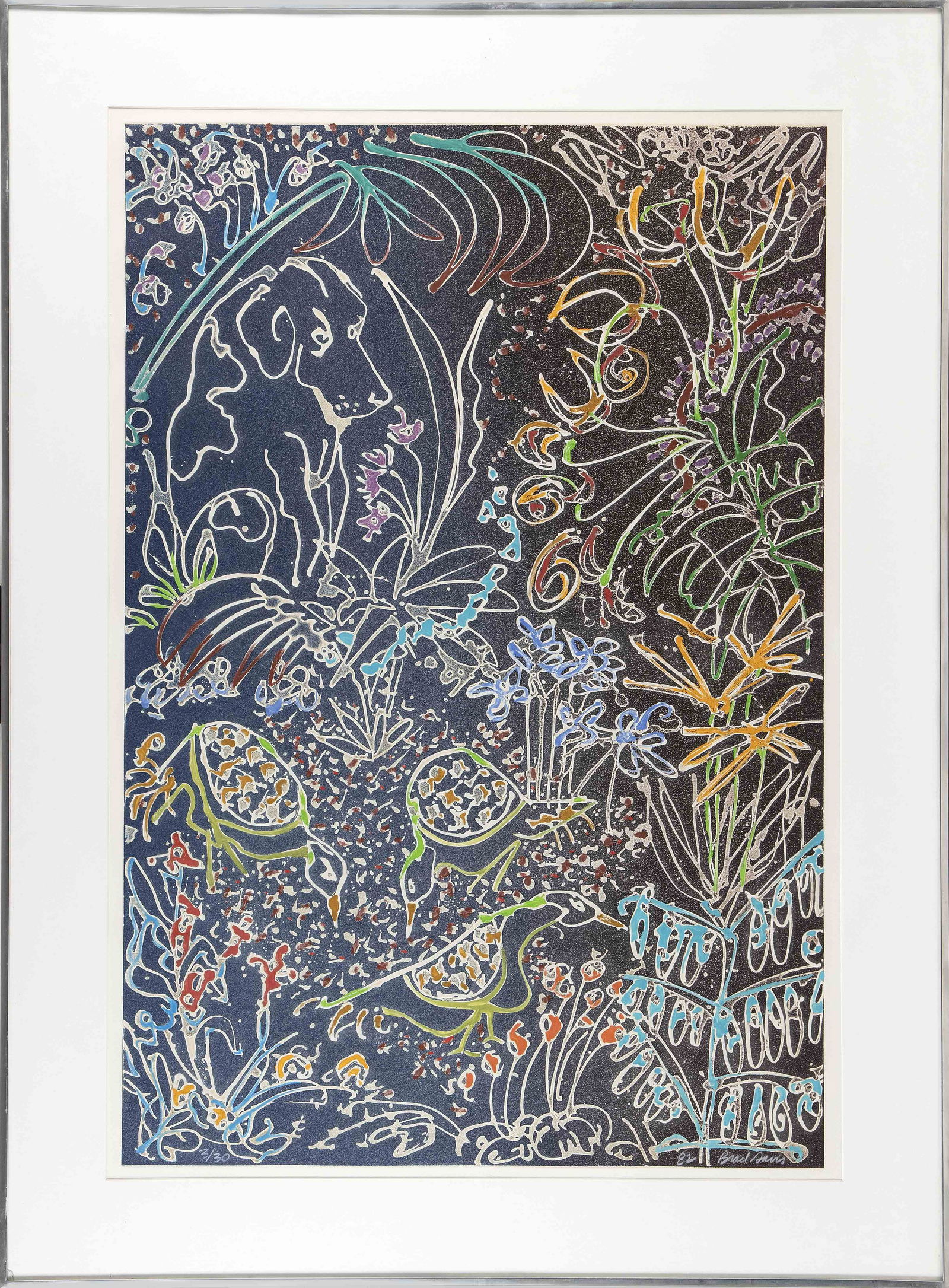 BRAD DARIUS DAVIS (New York/Minnesota, b. 1942), “: BRAD DARIUS DAVISNew York/Minnesota, b. 1942“Dog and Partridge, 1982”. Numbered 3/30 lower left. Signed and dated in plate lower right “82 Brad Davis”.Silkscreen on paper, 36&q