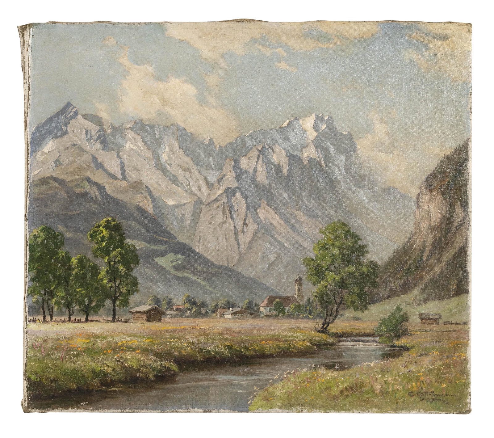 ERWIN KETTEMANN (Germany, 1897-1971), Majestic mountain: ERWIN KETTEMANNGermany, 1897-1971Majestic mountain landscape. Signed lower right “E. Kettemann Mehn”.Oil on canvas, 24” x 27.5”. Unframed.