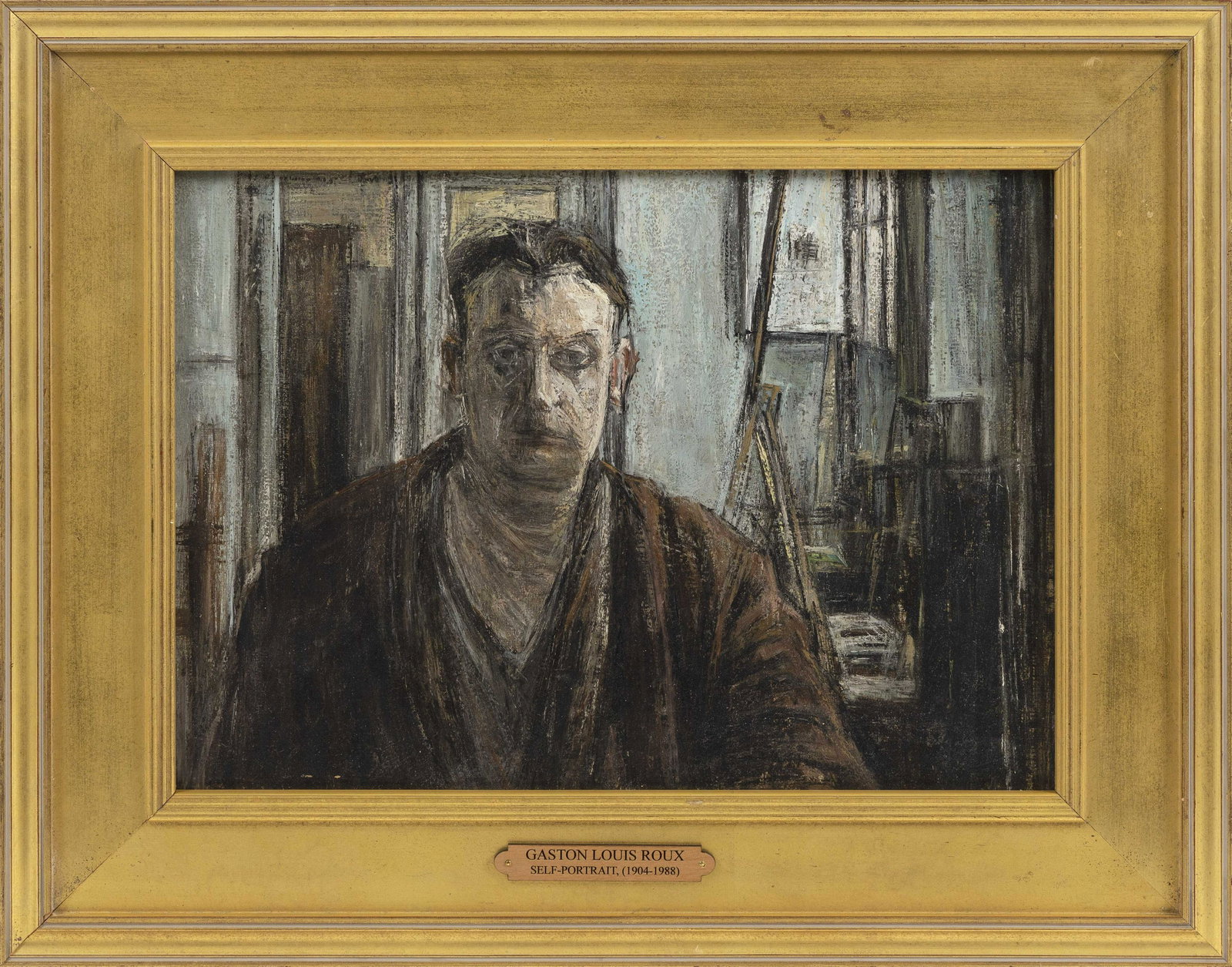 ATTRIBUTED TO GASTON LOUIS ROUX (France, 1904-1988),: ATTRIBUTED TO GASTON LOUIS ROUX France, 1904-1988 Self portrait. Unsigned. Inscribed verso “Petit Autoportrait 1950 G.L. Roux”. Oil on canvas, 12” x 16”. Framed 18” x 22&