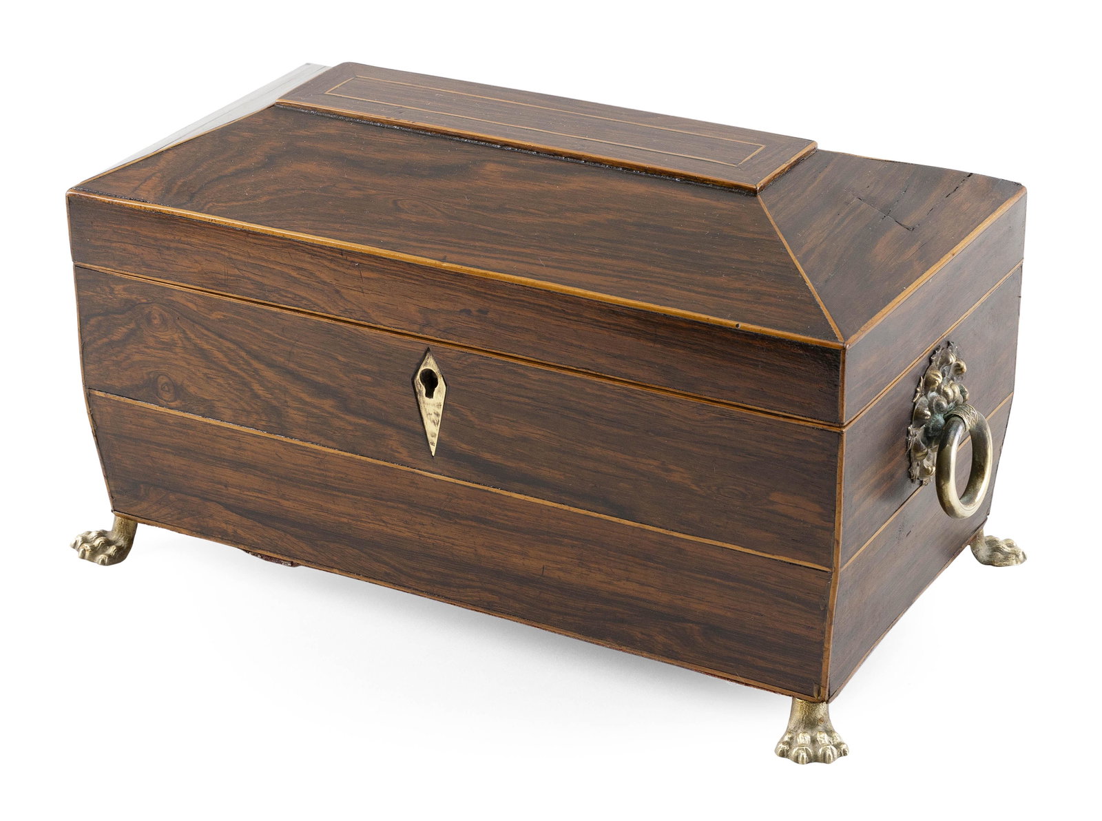 ENGLISH TEA CADDY 19th Century Height 7”. Width: ENGLISH TEA CADDY 19th Century In mahogany veneer with fruitwood string inlay. Compartmented interior. Brass ring handles on brass paw feet. Height 7”. Width 12”. Depth 7.5”.