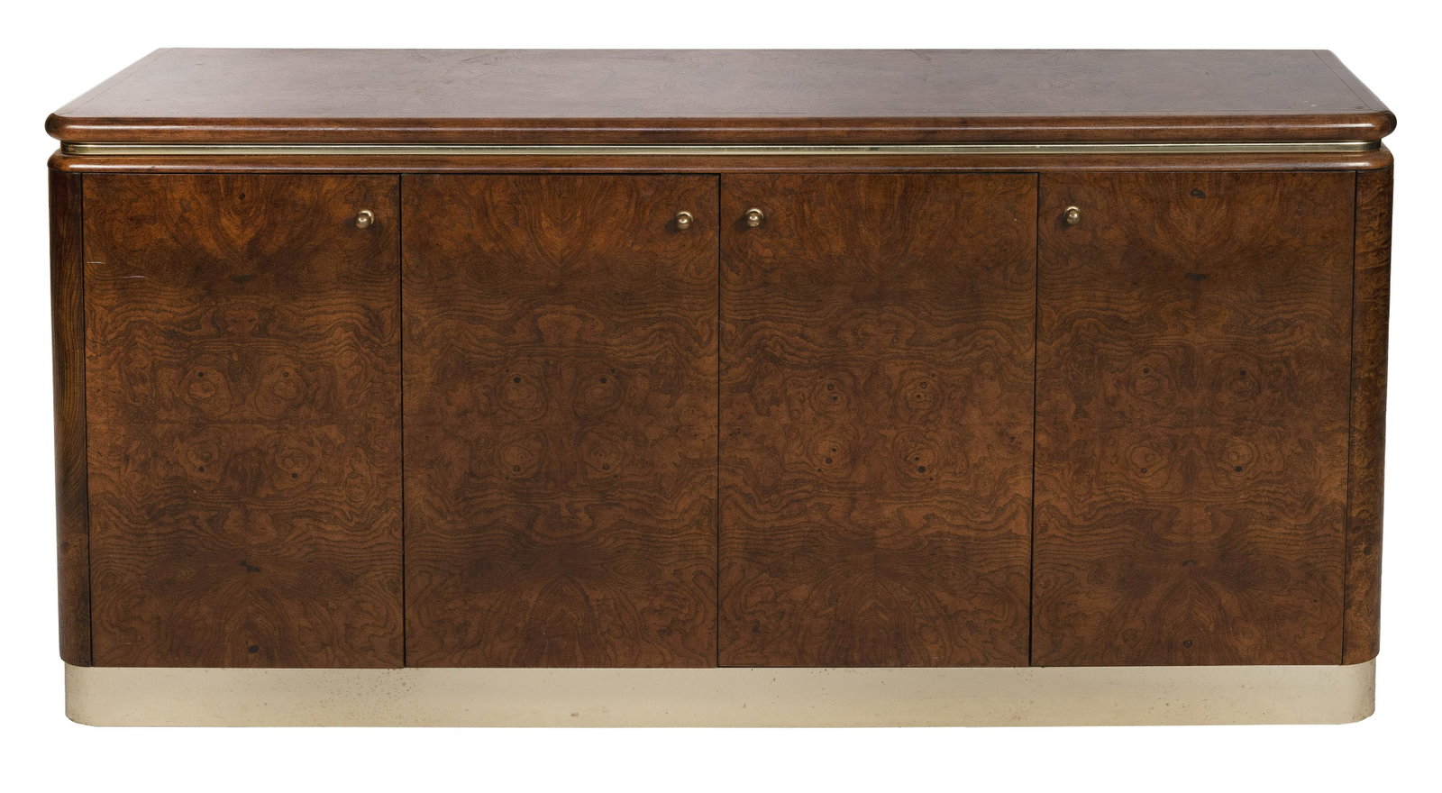 BURLWOOD CONSOLE CABINET BY LANE Second Half of the 20t: BURLWOOD CONSOLE CABINET BY LANE Second Half of the 20th Century Four cupboard doors and brass accents. Height 30”. Width 60”. Depth 16.5”.