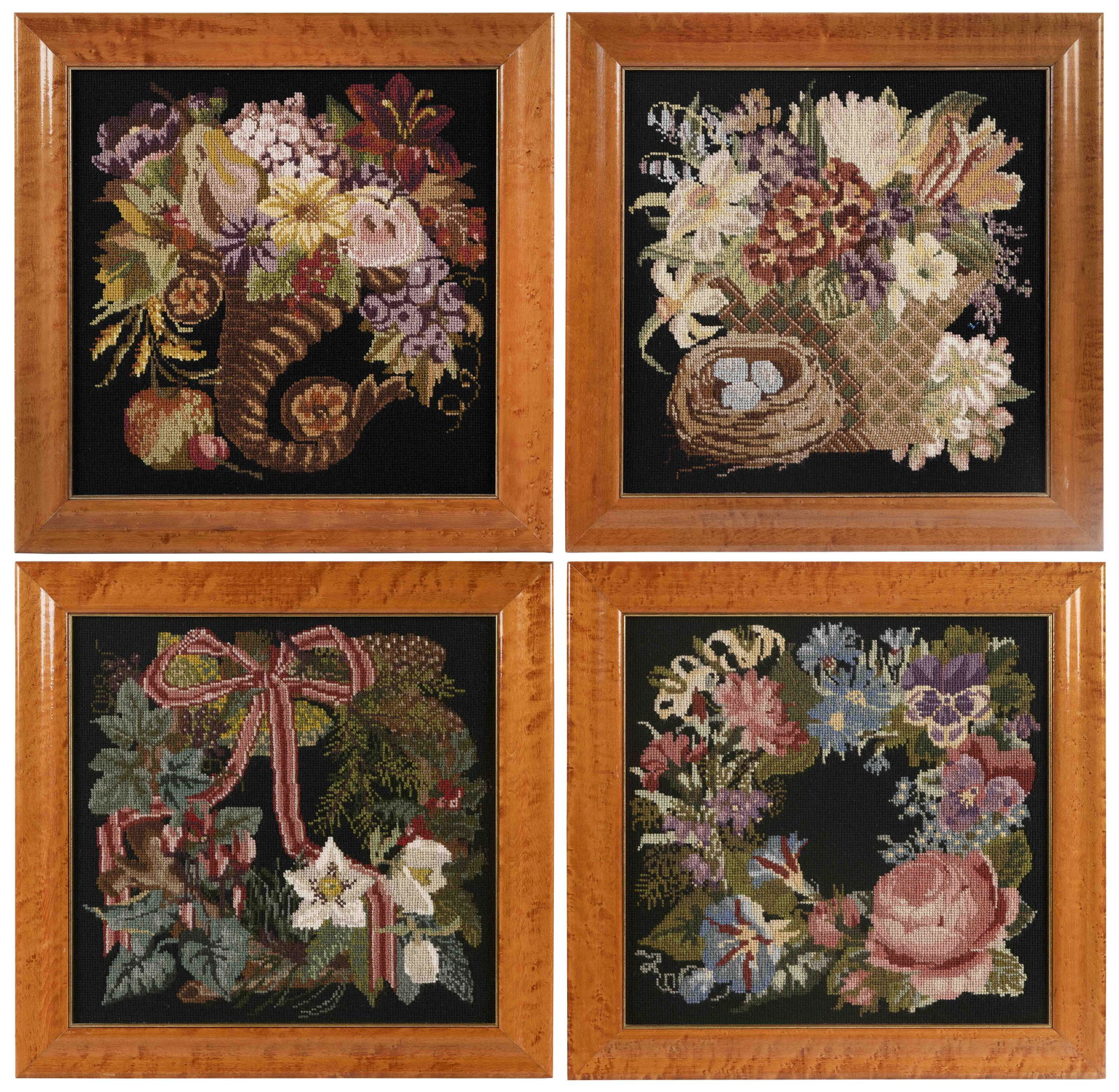 FOUR FLORAL NEEDLEWORKS Early 20th Century 15.75" x (1 of 5)