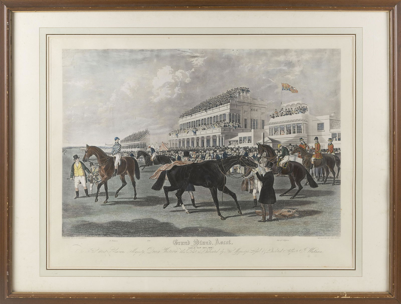 AFTER JOHN FREDERICK HERRING (England, 19th Century),: AFTER JOHN FREDERICK HERRINGEngland, 19th Century“Grand Stand Ascot. Gold Cup Day 1839”. Engraved by Charles Hunt.24.5” x 32” sight. Framed 32.5” x 43”.