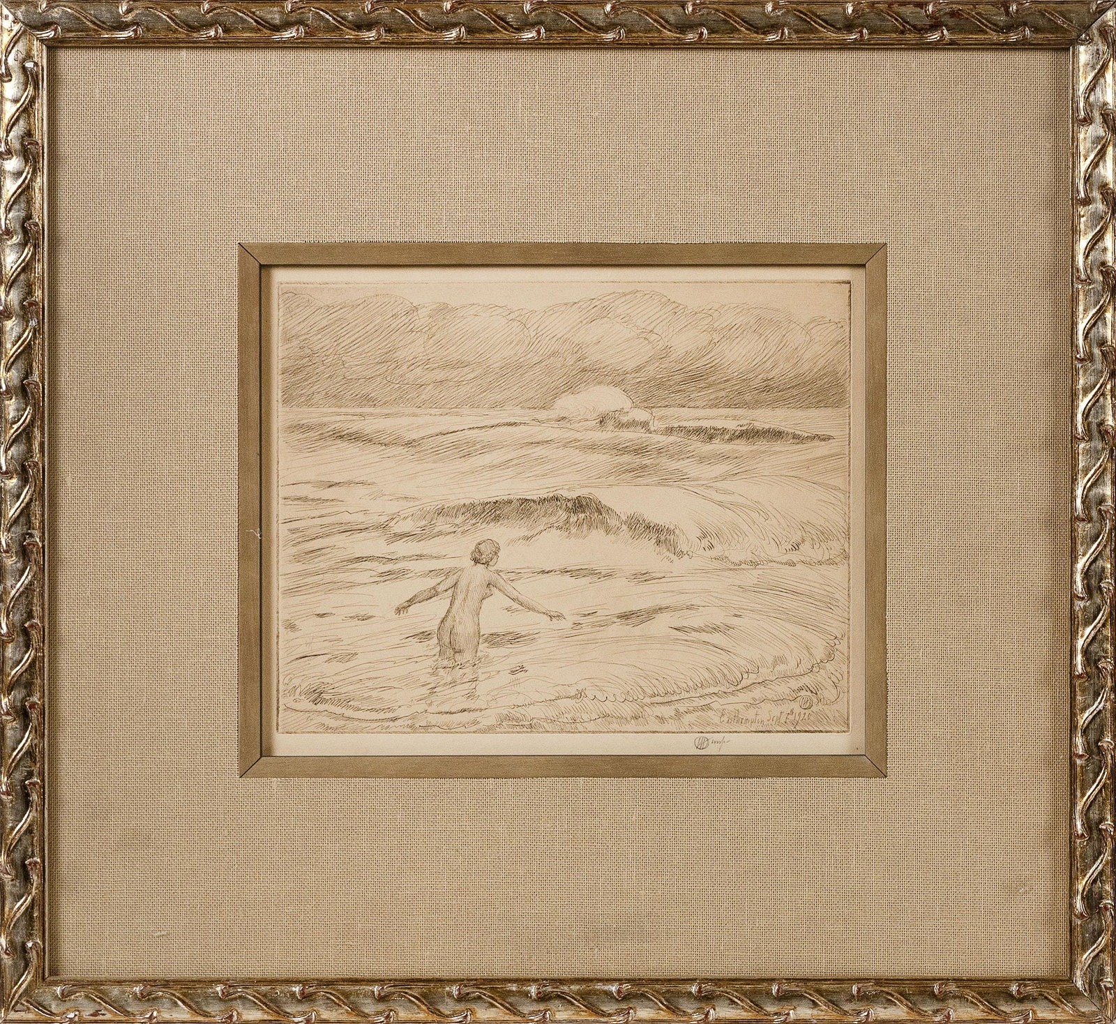 CHILDE HASSAM (New York/Massachusetts, 1859-1935),: CHILDE HASSAM New York/Massachusetts, 1859-1935 "East Hampton September 7th 1920". Depicts a nude bather. Signed in pencil lower right with the artist's monogram. Titled lower right in plate