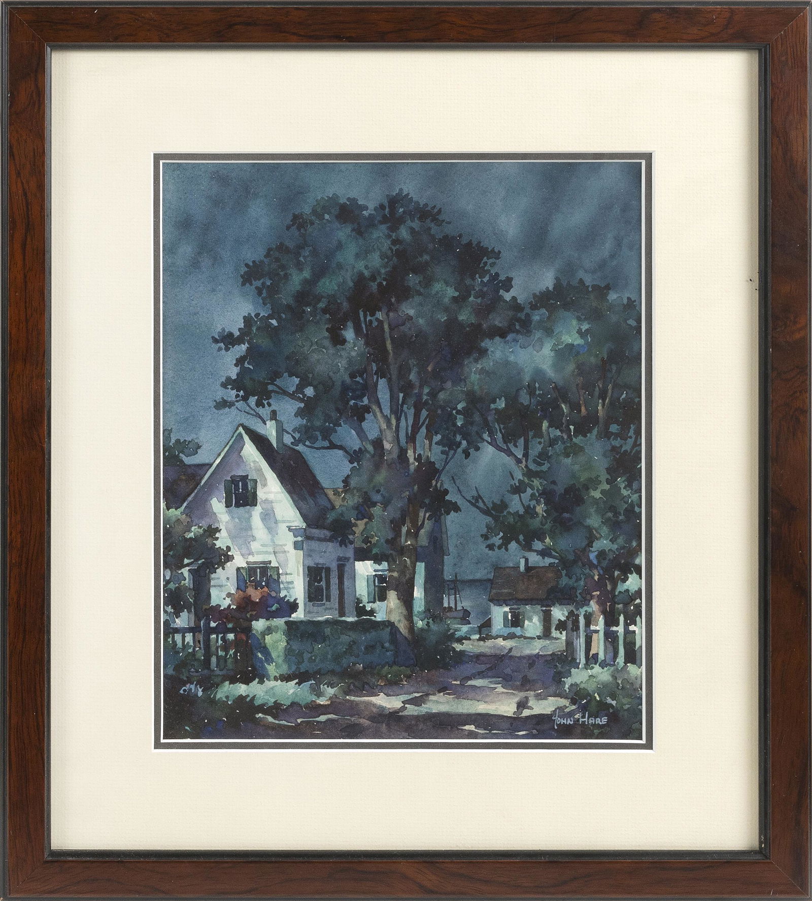 JOHN CUTHBERT HARE (Massachusetts/Florida, 1908-1978),: JOHN CUTHBERT HAREMassachusetts/Florida, 1908-1978Seaside cottages at dusk. Signed lower right “John Hare”.Watercolor on paper, 11.5” x 9.5”. Framed 18” x 15.75”.