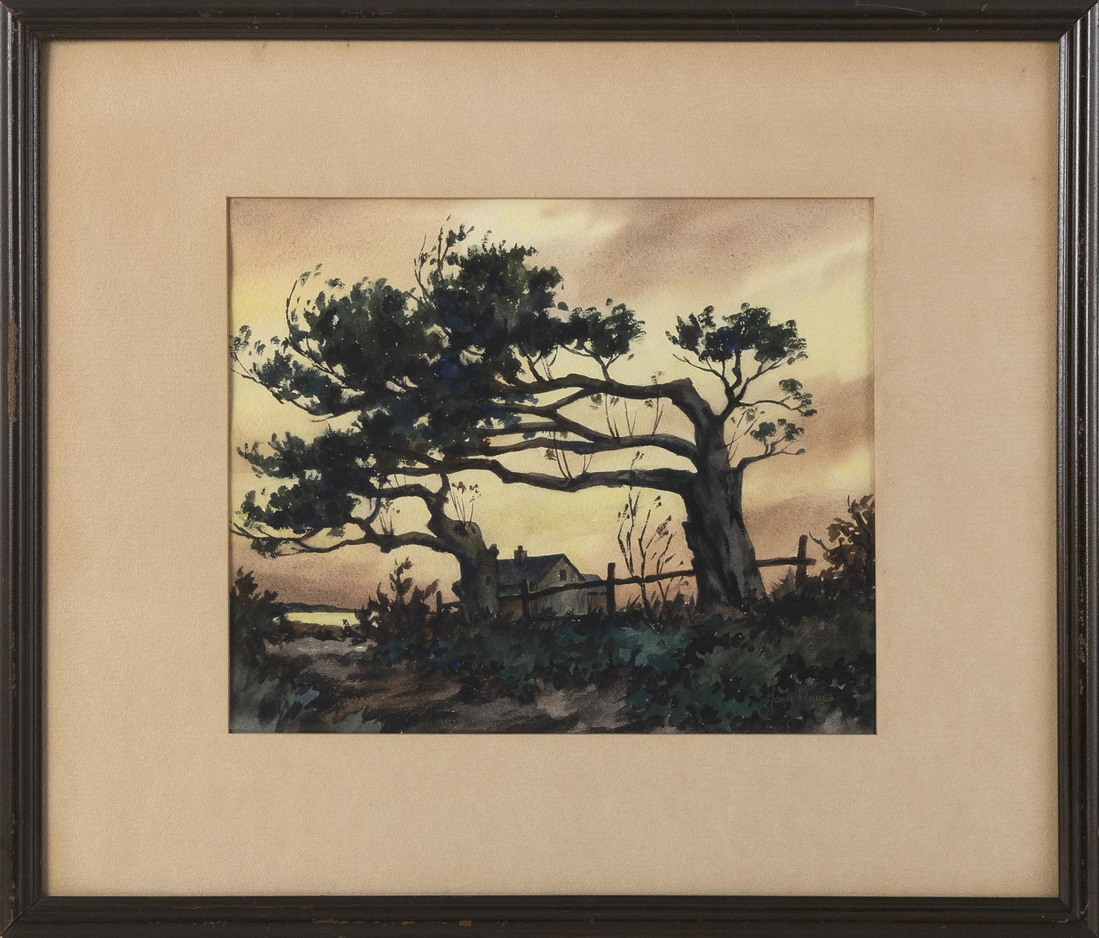 JOHN CUTHBERT HARE (Massachusetts/Florida, 1908-1978),: JOHN CUTHBERT HAREMassachusetts/Florida, 1908-1978Sunset over a farm. Signed lower right "John Hare".Watercolor on paper, 9.5" x 11.25" sight. Framed 16.5" x 19.5".