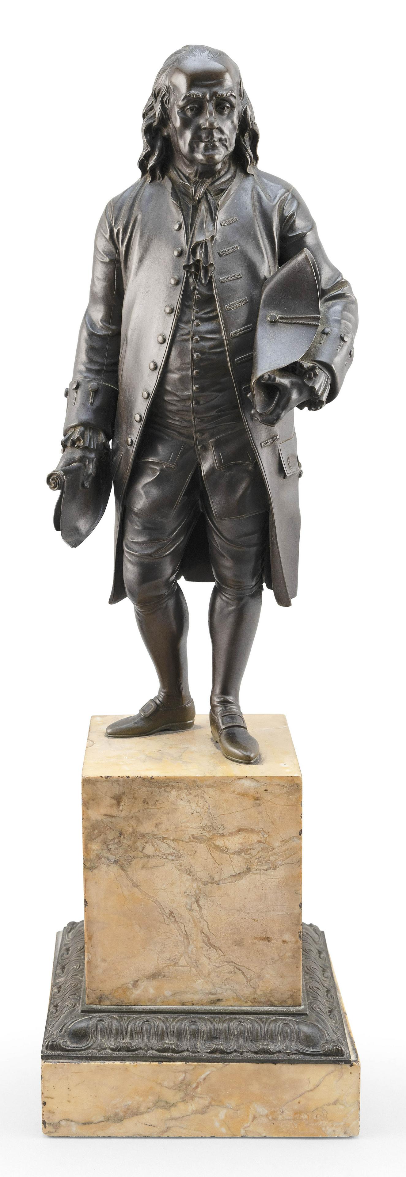 AFTER FRANÇOIS MARIE SUZANNE (19th Century),: AFTER FRANÇOIS MARIE SUZANNE 19th Century Standing figure of Benjamin Franklin holding a tricorn and a scroll. Finely cast with excellent detail and a nice patina. Similar examples can be found i
