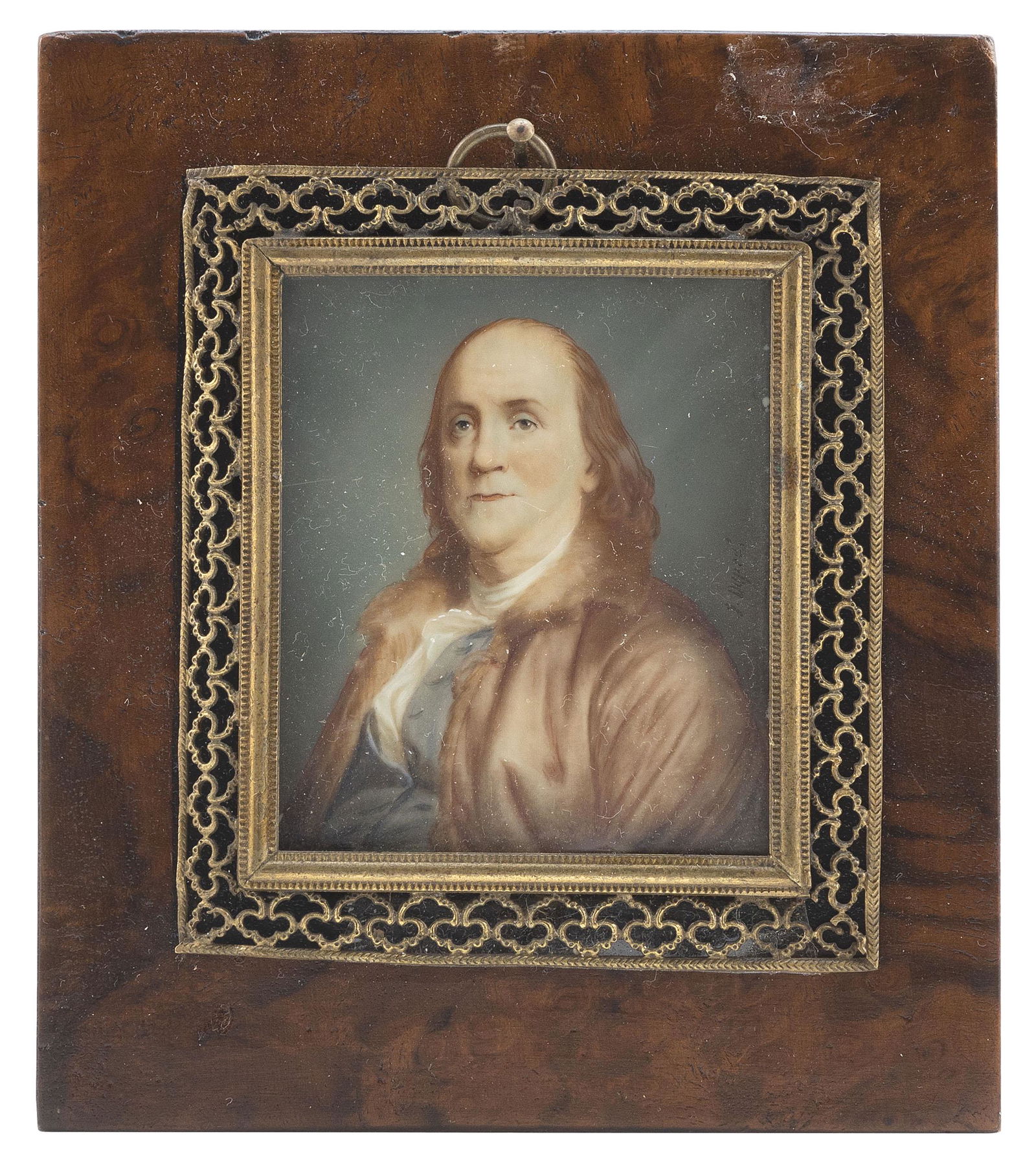 JULES DUPRE (France, 1811-1889), Miniature portrait of: JULES DUPREFrance, 1811-1889Miniature portrait of a seated Benjamin Franklin, his head canted slightly to the viewer. Signed mid-right "J. Dupre".Provenance:Purchased from Israel Sack, Inc.,