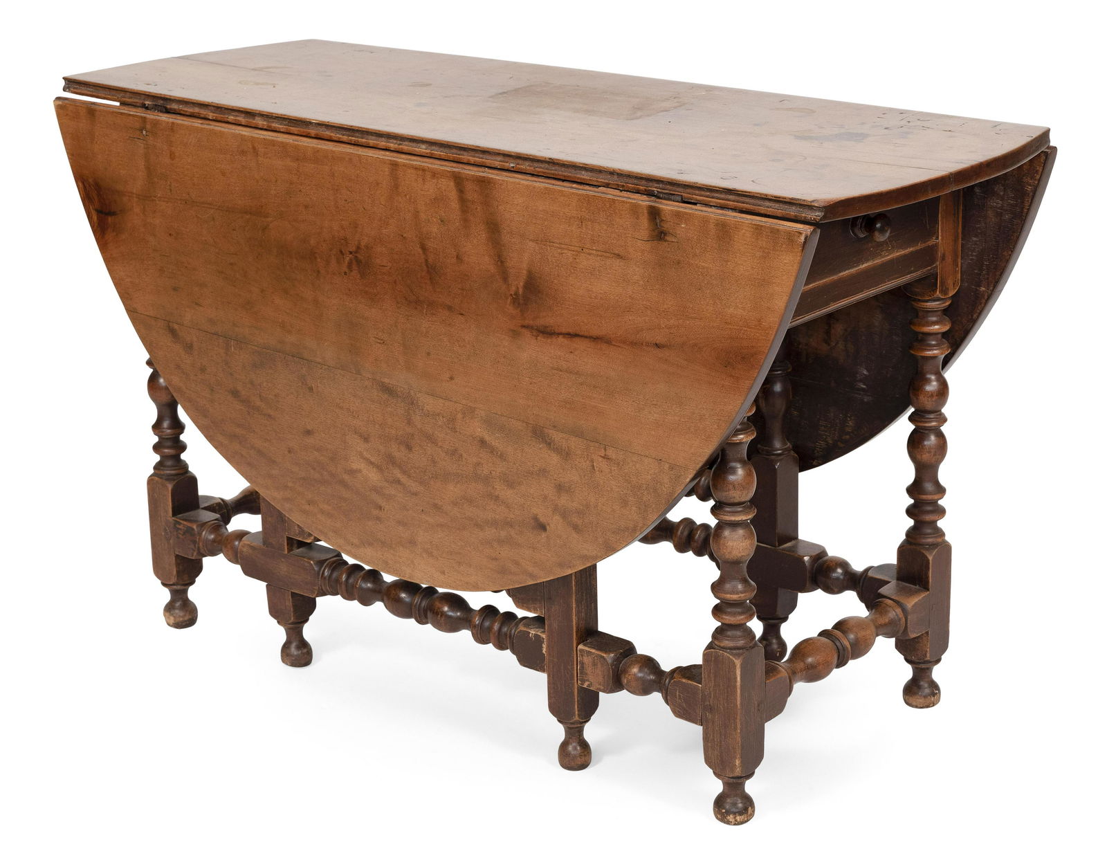 GATELEG DROP-LEAF TABLE New England, 18th Century: GATELEG DROP-LEAF TABLENew England, 18th CenturyIn maple and curly maple. Single drawer at one end with a turned wooden knob.Height 28.75”. Length 17.5” plus two 20.5” demilune drop