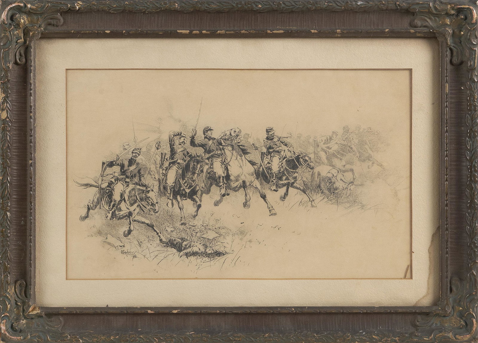ISAAC WALTON TABER (New York/Massachusetts, 1860-1933),: ISAAC WALTON TABER New York/Massachusetts, 1860-1933 Cavalry charging into battle. Signed lower left “Taber”. Pencil on paper, 9” x 14.5” sight. Framed 15” x 21”.
