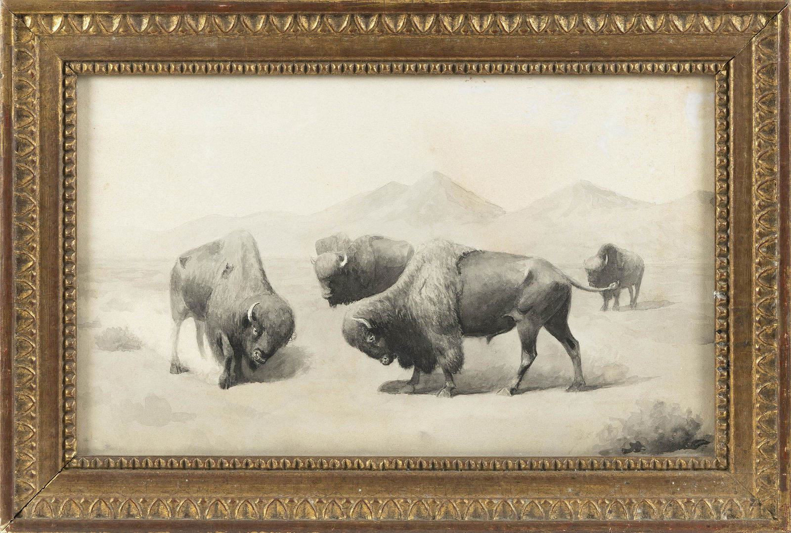 FRANK REED WHITESIDE (Pennsylvania/Maine, 1866-1929),: FRANK REED WHITESIDEPennsylvania/Maine, 1866-1929Buffalo on the prairie. Unsigned. Estate stamped verso.Mixed media on paper, 11" x 19" sight. Framed 18" x 24".