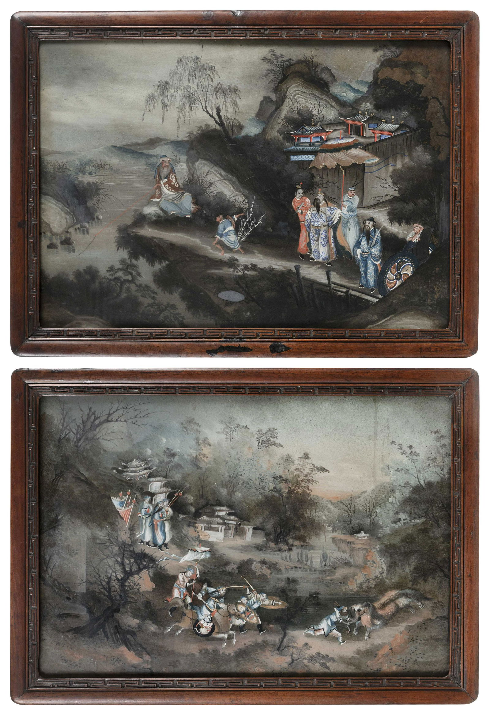 PAIR OF CHINESE EXPORT REVERSE PAINTINGS ON GLASS 19th (1 of 4)