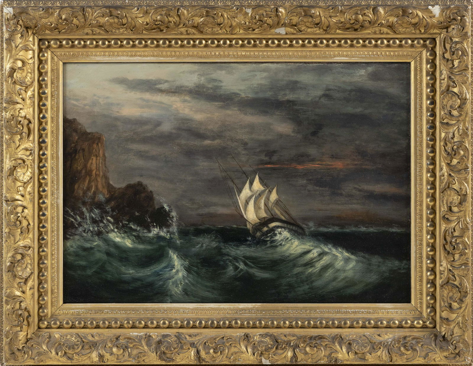 CLEMENT DREW (Massachusetts, 1806-1889), Ship in a: CLEMENT DREWMassachusetts, 1806-1889Ship in a storm off a rocky coast. Unsigned.Oil on canvas, 14" x 20". Framed 21.25" x 27.75".
