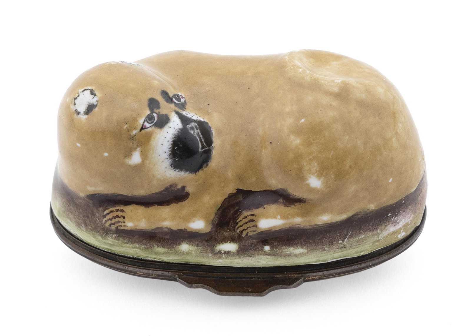 ENGLISH ENAMEL BULL DOG BONBONNIERE Circa 1770 Length: ENGLISH ENAMEL BULL DOG BONBONNIERE Circa 1770 Reclining on a green ground. Cover depicts the dog and an elegant woman playing in a garden. Length 2.75”.