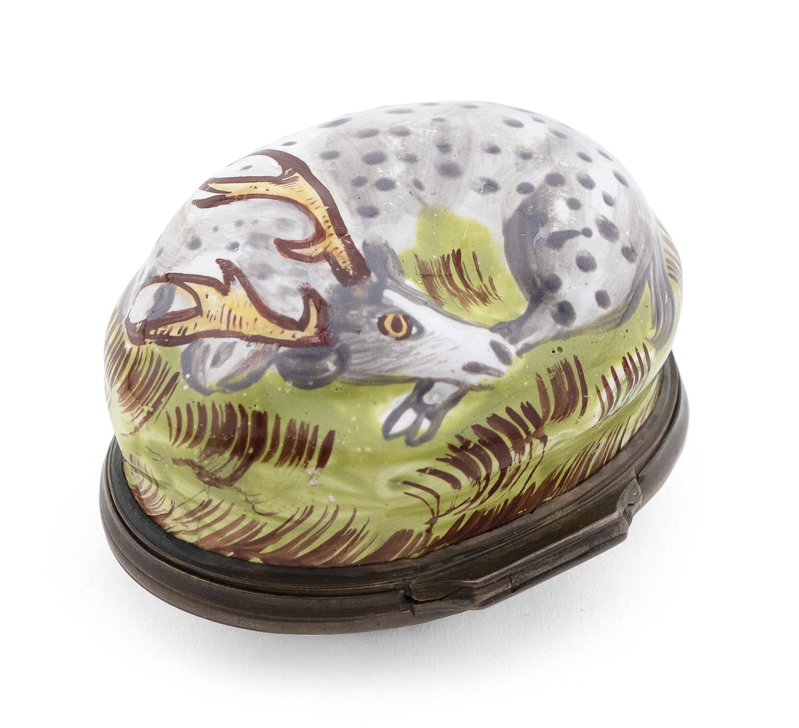 ENGLISH ENAMEL STAG BONBONNIERE Circa 1765 Length: ENGLISH ENAMEL STAG BONBONNIERE Circa 1765 Recumbent on a grassy ground. Cover painted with a flower spray. Length 2”.