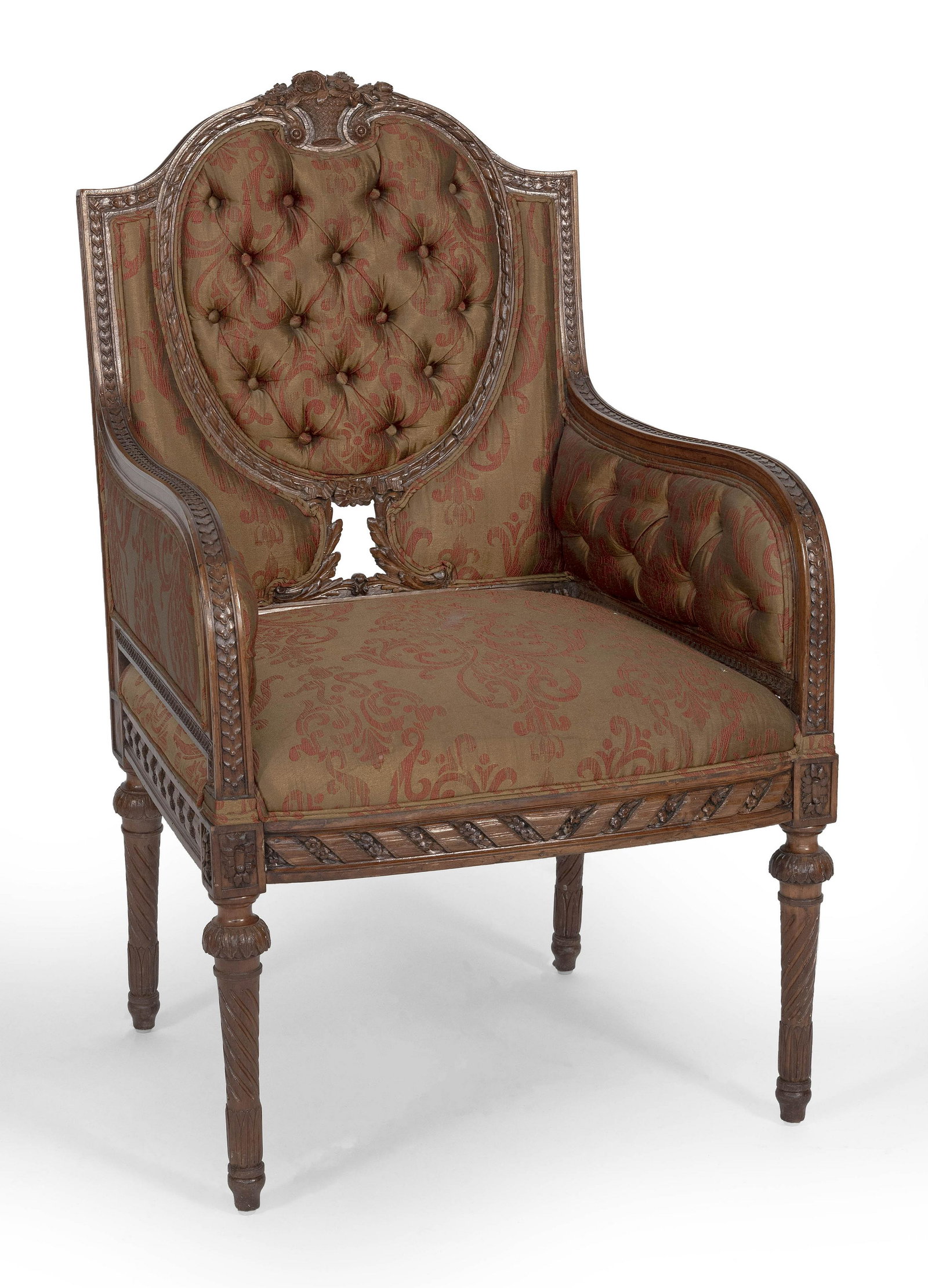 ARMCHAIR, POSSIBLY HERTER BROTHERS New York, Mid-19th: ARMCHAIR, POSSIBLY HERTER BROTHERS New York, Mid-19th Century Beautifully carved walnut frame with basket of flowers at crest rail. Gold and burgundy damask upholstery. Back height 42". Seat heig
