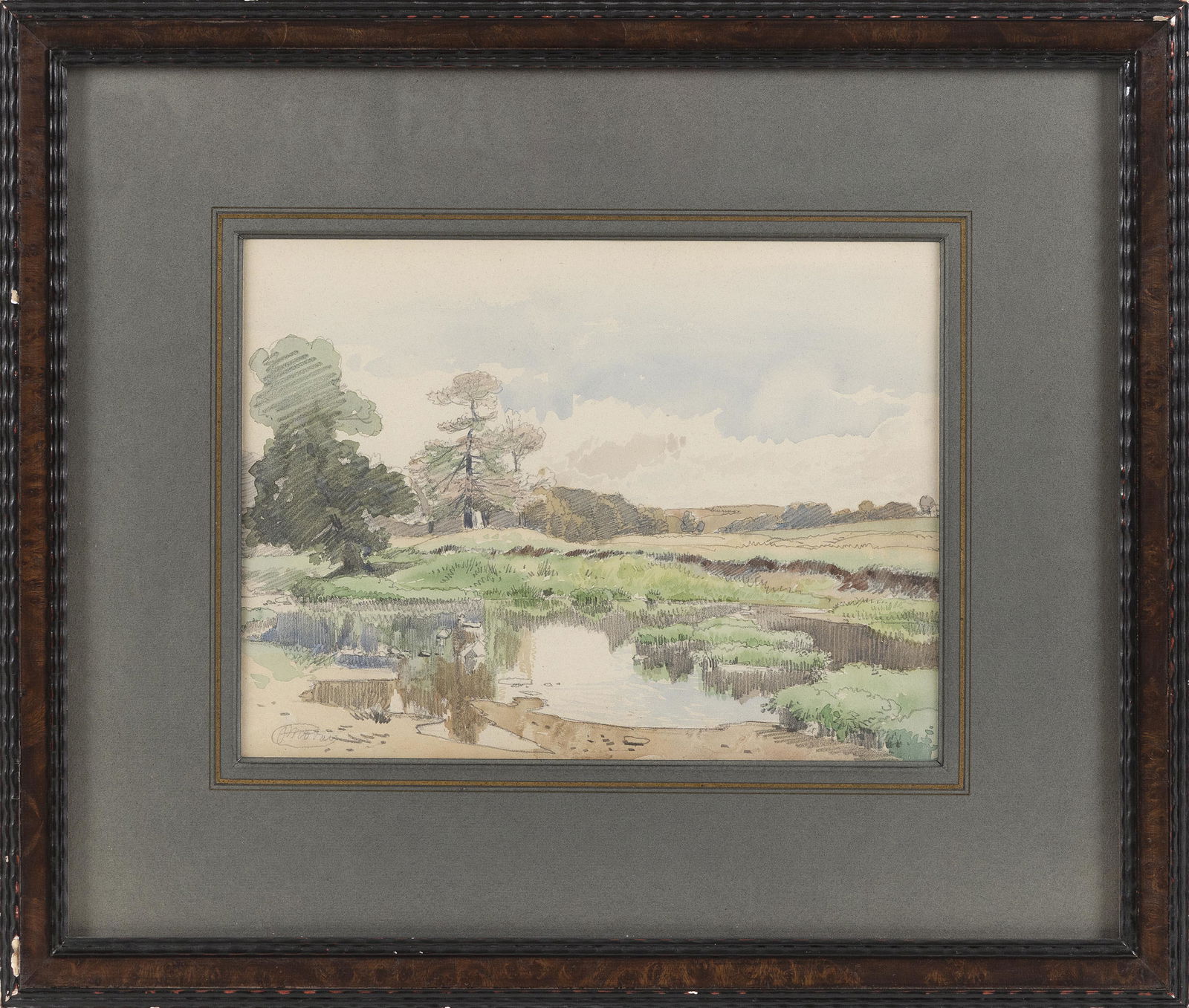 PETER MORAN (Pennsylvania, 1841-1914), Pond in a: PETER MORANPennsylvania, 1841-1914Pond in a pasture. Signed lower left "P. Moran".Watercolor on paper, 8.5" x 11" sight. Framed 16.5" x 19".