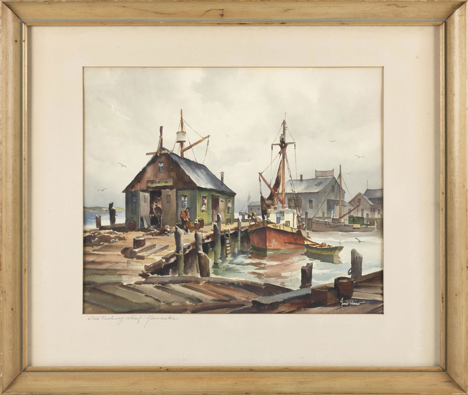 JOHN CUTHBERT HARE (Massachusetts/Florida, 1908-1978),: JOHN CUTHBERT HAREMassachusetts/Florida, 1908-1978"Old Fishing Wharf Gloucester". Signed lower right "John Hare".Watercolor on paper, 14" x 17" sight. Framed 22.5" x