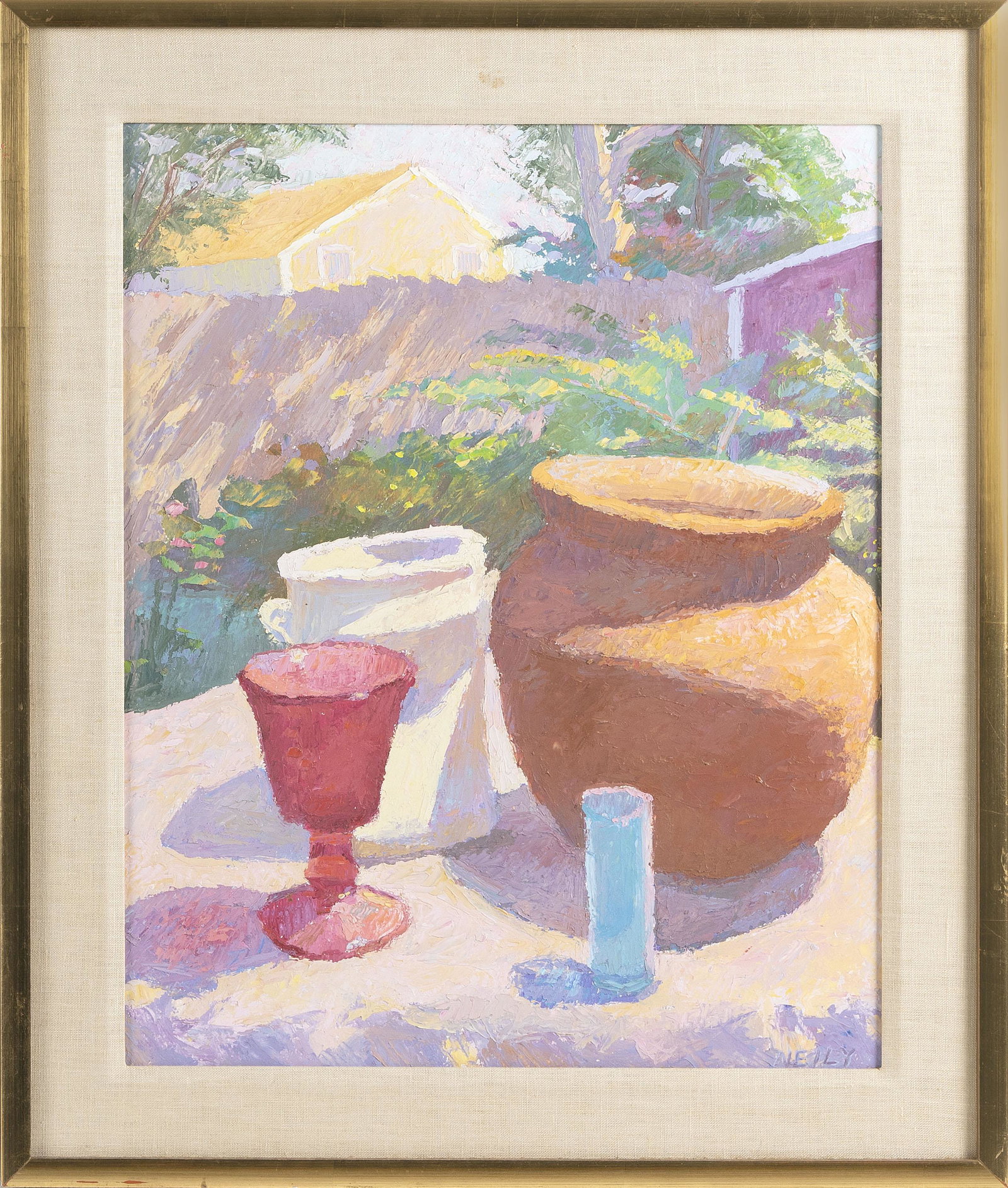 HILDA NEILY (Massachusetts/Florida, b. 1947), Outdoor: HILDA NEILY Massachusetts/Florida, b. 1947 Outdoor still life. Signed lower right "Neily". Oil on board, 20" x 16". Framed 24" x 20".