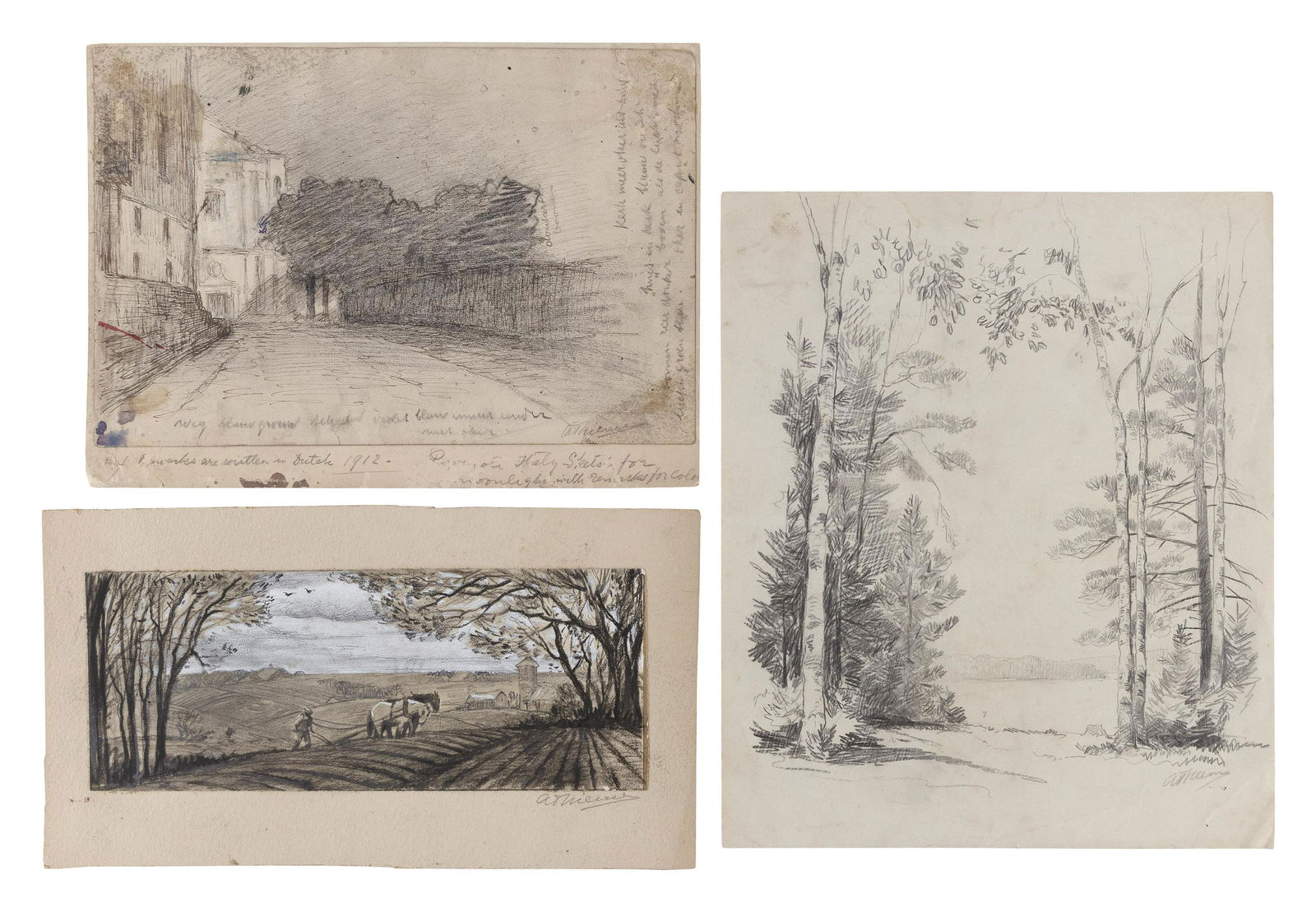 ANTHONY THIEME (Massachusetts/California, 1888-1954),: ANTHONY THIEMEMassachusetts/California, 1888-1954Three landscape sketches. All signed lower right "A. Thieme".Mixed medias on paper, 3.75" x 9.5", 11" x 9", and 6.5"