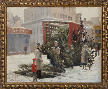 PETER HAYWARD (New York/Hawaii, 1905-1993): PETER HAYWARD New York/Hawaii, 1905-1993 Picking out the Christmas tree, likely New York. Signed lower left "Peter Hayward". Oil on canvas, 16" x 20". Framed 18.5" x 22.5"