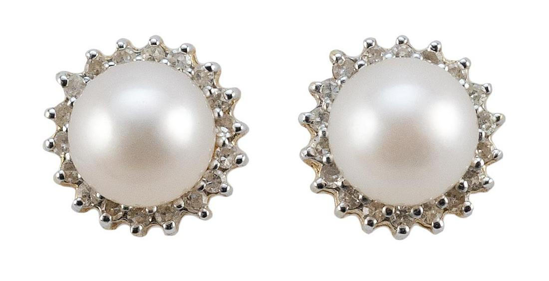 PAIR OF 14KT GOLD, CULTURED PEARL AND DIAMOND STUD (1 of 1)