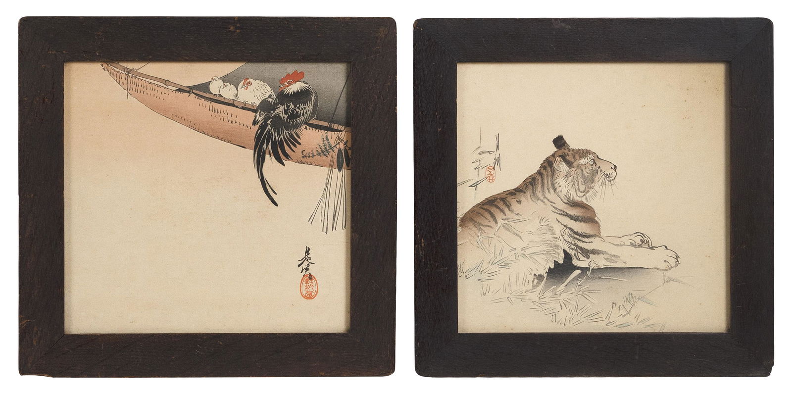 TWO JAPANESE PRINTS ON PAPER: TWO JAPANESE PRINTS ON PAPER Late Meiji Period "Tiger" by Ogata Gekko, circa 1900-1910, and "Cockerel, Hen and Chicks" by Shibata Zeshin, circa 1900. Both 9.5" x 9.5" sig