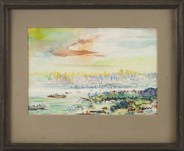 ROBERT PETERSON (America, 20th Century), View of: ROBERT PETERSONAmerica, 20th CenturyView of Manhattan. Signed lower right "Robt. Peterson".Watercolor on paper, 10" x 15" sight. Framed 17" x 22".