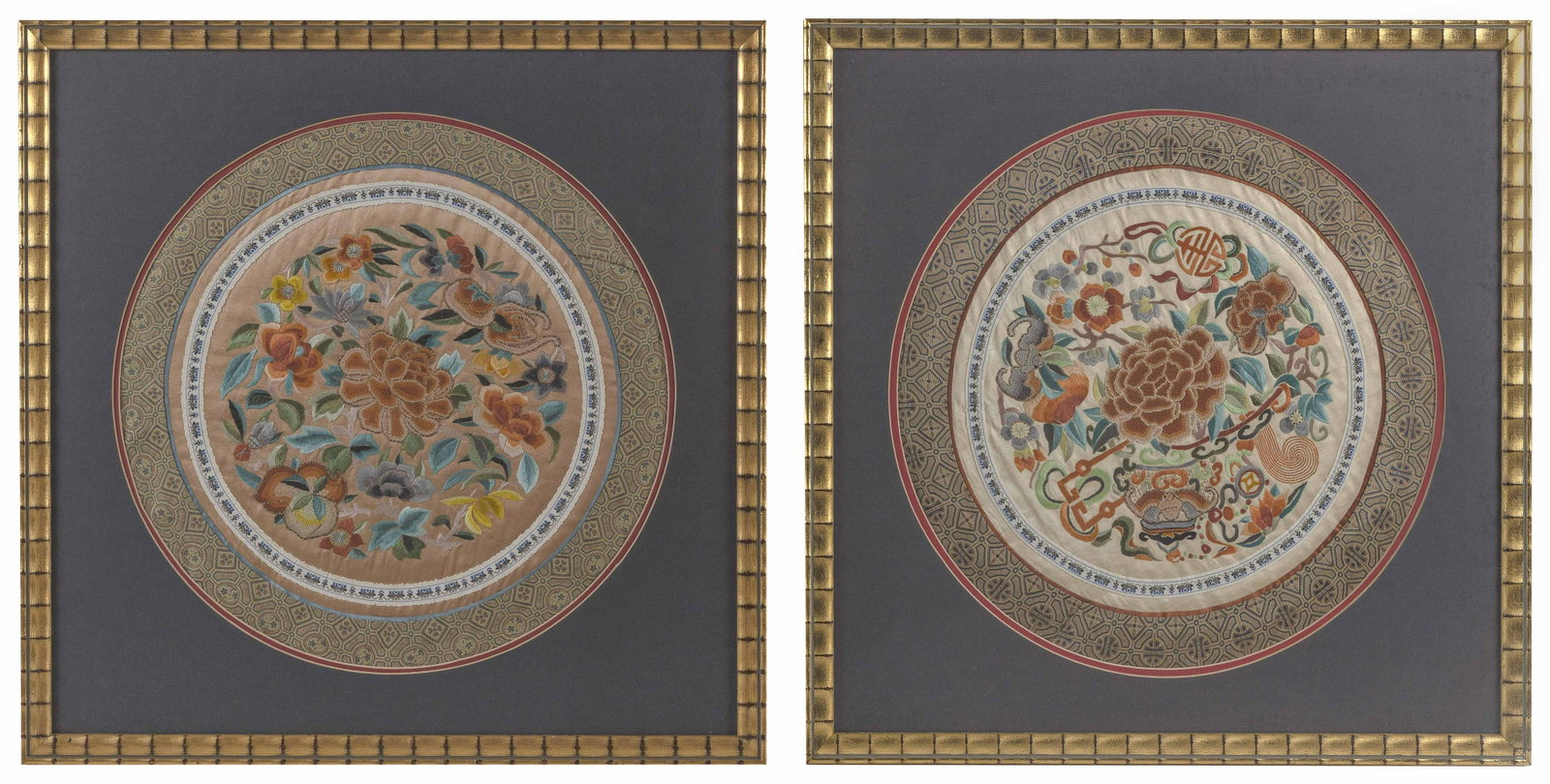 PAIR OF CHINESE SILK NEEEDLEWORK RONDELS Early 20th: PAIR OF CHINESE SILK NEEEDLEWORK RONDELS Early 20th Century Colorful peonies, fruits, bats and shou symbols, some in Peking stitch. Brocade trim. Diameters 14". Framed 19.5" x 19.5".