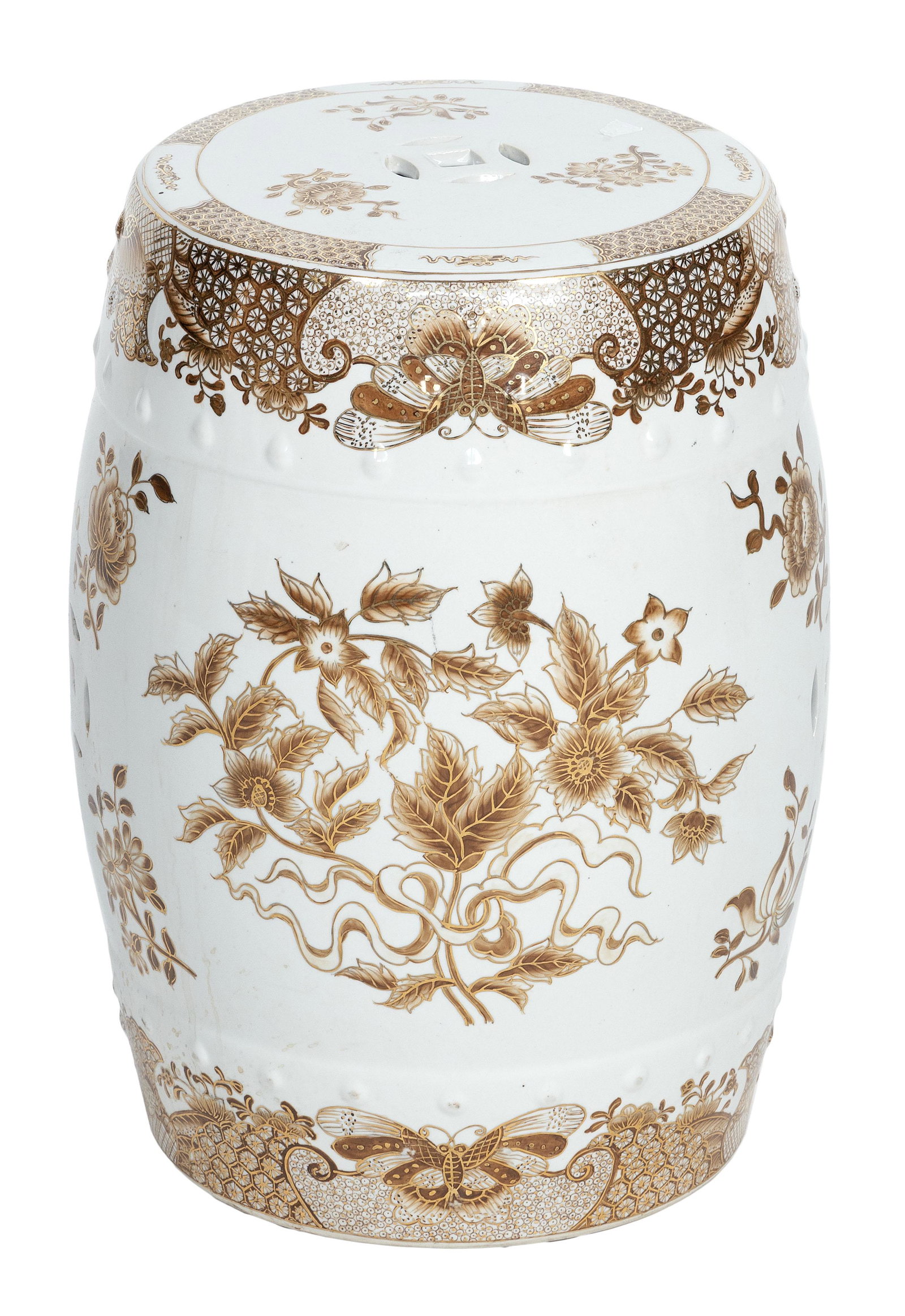 CHINESE PORCELAIN GARDEN SEAT 20th Century Height: CHINESE PORCELAIN GARDEN SEAT 20th Century Gilt and painted floral and insect decoration. Height 18”. Diameter approx. 12.5”.