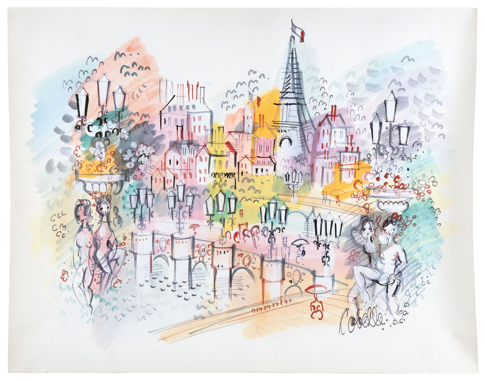 CHARLES COBELLE (Connecticut/France, 1902-1998), “: CHARLES COBELLEConnecticut/France, 1902-1998“The Seine”. Signed lower right “Cobelle”. Titled and dated 1961 in pencil verso.Watercolor on paper, 25” x 32.25”. Unfr