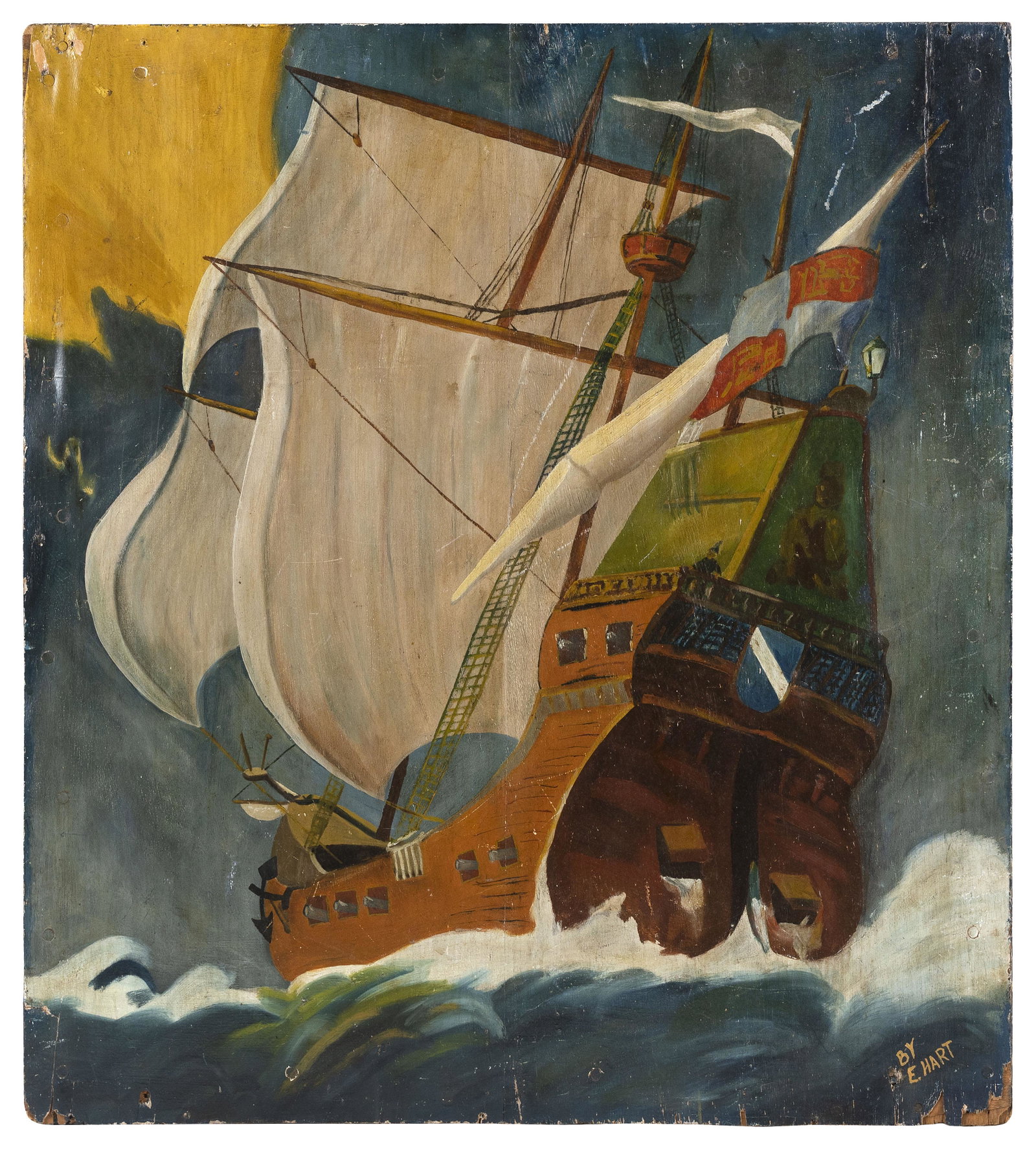 E. HART , Folk art-style depiction of a Spanish galleon: E. HART Folk art-style depiction of a Spanish galleon at sea. Signed lower right "By E. Hart". Oil on board, 28" x 25". Unframed.