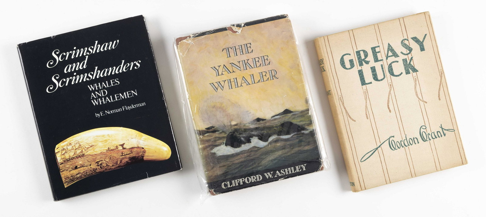 THREE BOOKS ON WHALING AND SCRIMSHAW 20th Century: THREE BOOKS ON WHALING AND SCRIMSHAW 20th Century Scrimshaw and Scrimshanders ... by E. Norman Flayderman, The Yankee Whaler by Clifford W. Ashley and Greasy Luck by Gordon Grant.