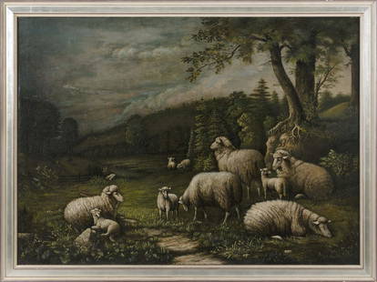 AMERICAN SCHOOL (Late 19th Century,), Sheep in a: AMERICAN SCHOOLLate 19th CenturySheep in a landscape. Signed lower right &quot;E.M. Rogers&quot;. Aaron Draper Shattuck keys verso.Oil on canvas, 29.5&quot; x 41.5&quot;. Framed 33.5&quot; x 44.5&quot