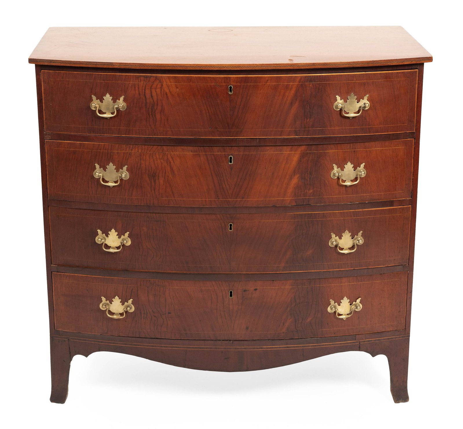 HEPPLEWHITE BOWFRONT BUREAU Massachusetts, Circa 1800: HEPPLEWHITE BOWFRONT BUREAU Massachusetts, Circa 1800 In mahogany and mahogany veneer. Thin banded checkered inlay to edge of top. Four full-width drawers with nicely figured veneer facings and string