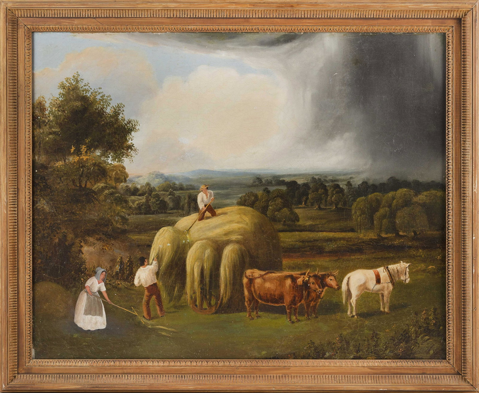 AMERICAN SCHOOL (19th Century,), Haying scene., Oil on: AMERICAN SCHOOL 19th Century Haying scene. Unsigned. Oil on canvas, 26" x 33". Framed 31" x 38".