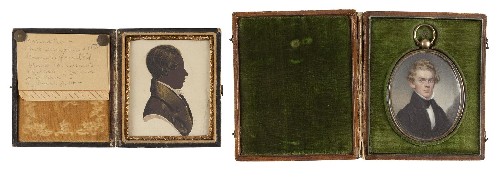 MINIATURE PORTRAIT AND A SILHOUETTE 19th Century: MINIATURE PORTRAIT AND A SILHOUETTE 19th Century 1) American School oval miniature portrait on bone panel of a gentleman. Unsigned. 2.75” x 2.25” sight. Cased 4.75” x 4”. 2) Br