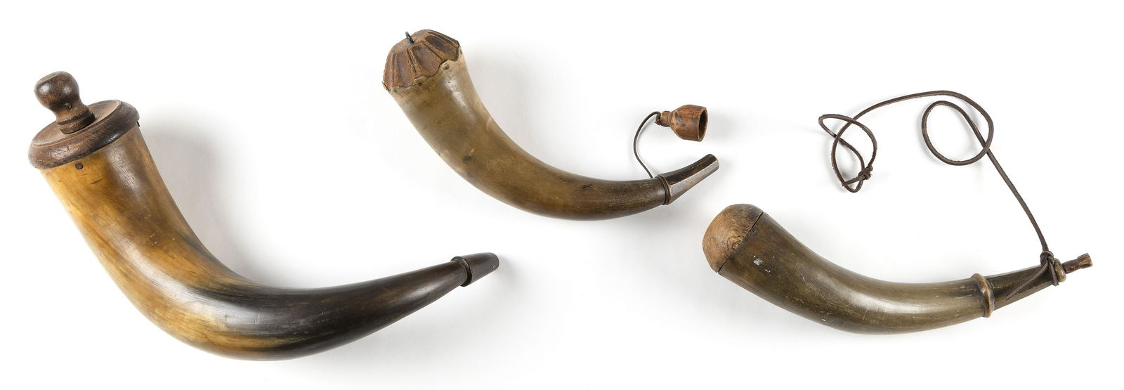 THREE ANTIQUE POWDER HORNS 19th Century Lengths 11.5", (1 of 1)