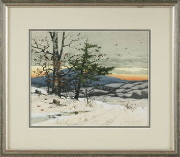 CHARLES GRANT DAVIDSON (New York, 1865-1945), Winter: CHARLES GRANT DAVIDSONNew York, 1865-1945Winter sunset. Signed and dated lower right &#8220;C. Grant Davidson 1890&#8221;.Watercolor on paper, 7.5&#8221; x 9.5&#8221; sight. Framed 12.75&#8221; x 15&#