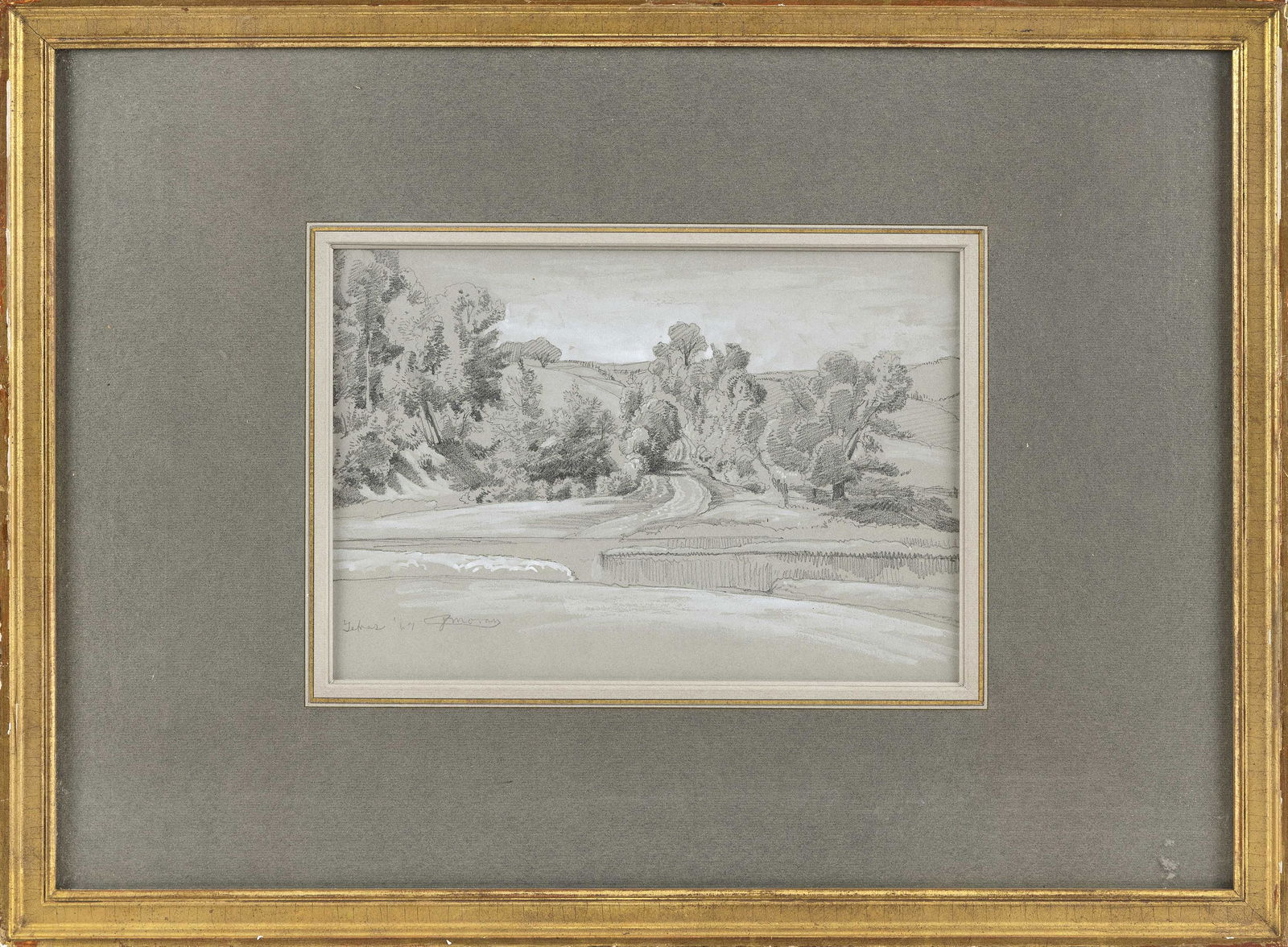 PETER MORAN (Pennsylvania, 1841-1914), River: PETER MORANPennsylvania, 1841-1914River landscape. Signed lower left “Peter Moran”.Mixed media on paper, 7.75” x 11.5” sight. Framed 17.5” x 23.5”.