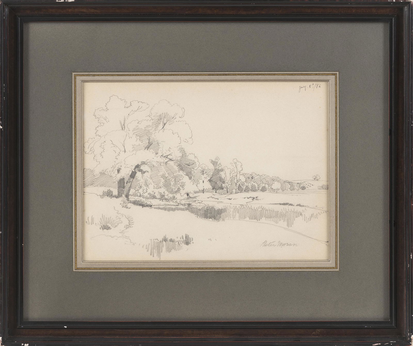 PETER MORAN (Pennsylvania, 1841-1914), River: PETER MORANPennsylvania, 1841-1914River landscape. Signed lower right "Peter Moran".Pencil on paper, 8.25" x 11.5" sight. Framed 16" x 19.5".