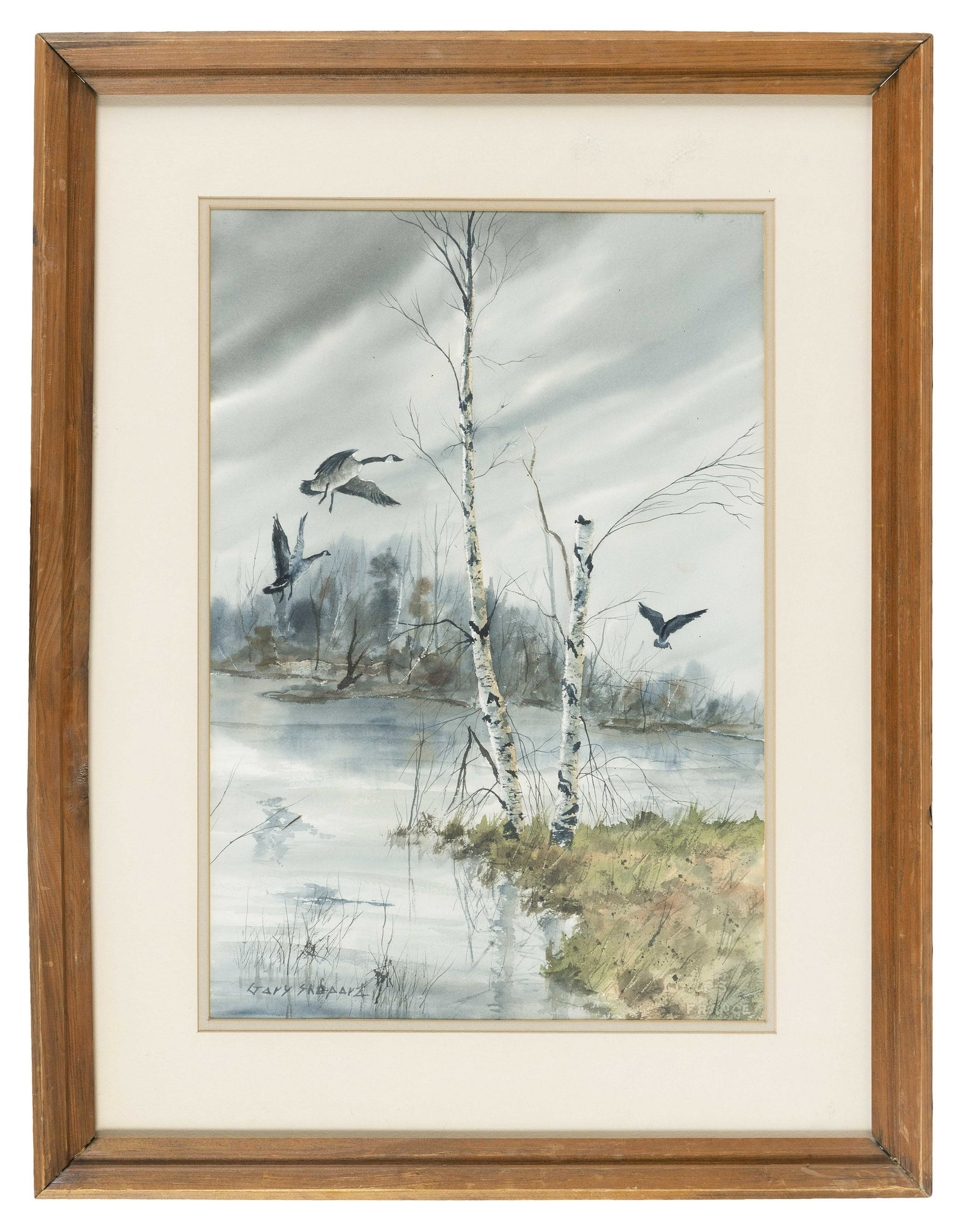 GARY SHEPARD (America, b. 1951), Geese in flight.,: GARY SHEPARDAmerica, b. 1951Geese in flight. Signed lower left "Gary Shepard".Watercolor on paper, 21" x 14.5" sight. Framed 30" x 23".