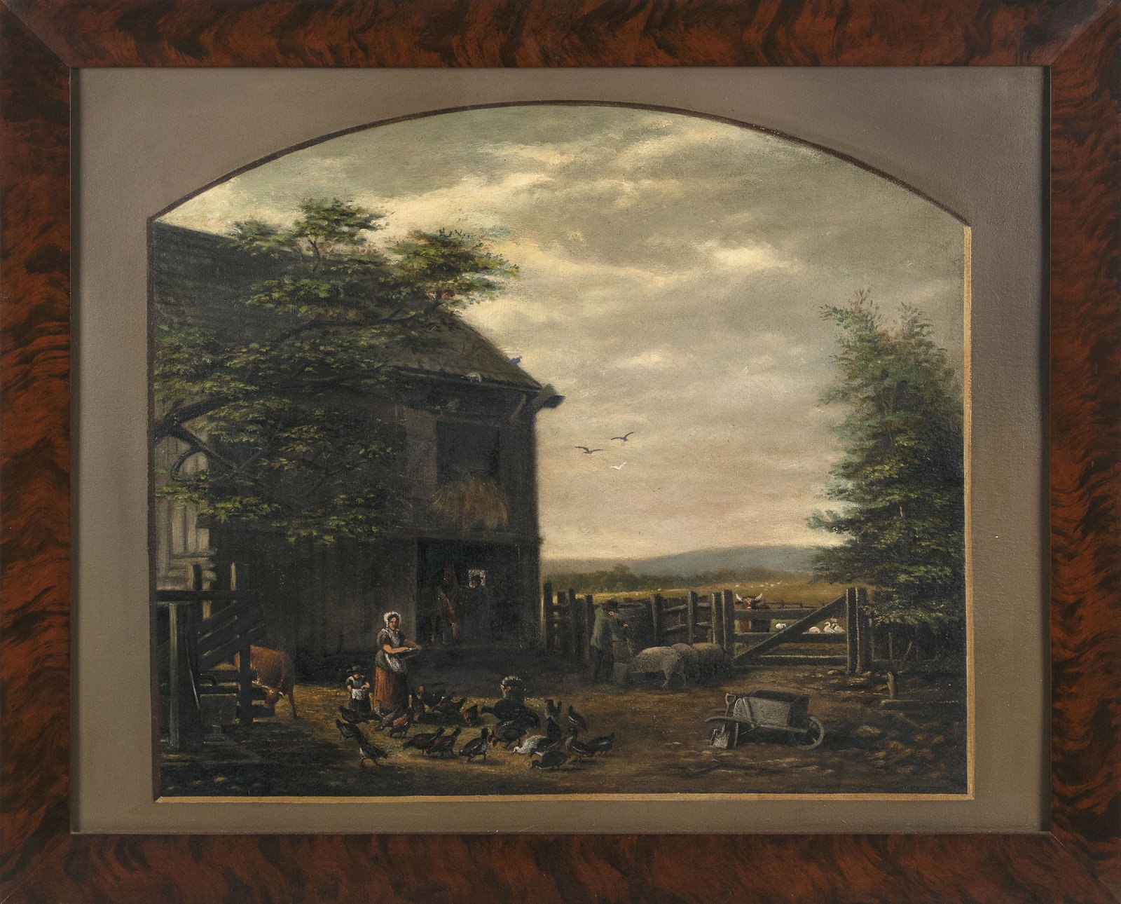 AMERICAN SCHOOL (Early 20th Century,), Figures in a: AMERICAN SCHOOL Early 20th Century Figures in a barnyard. Unsigned. Oil on board, 30” x 38”. Framed 34.5” x 43”.