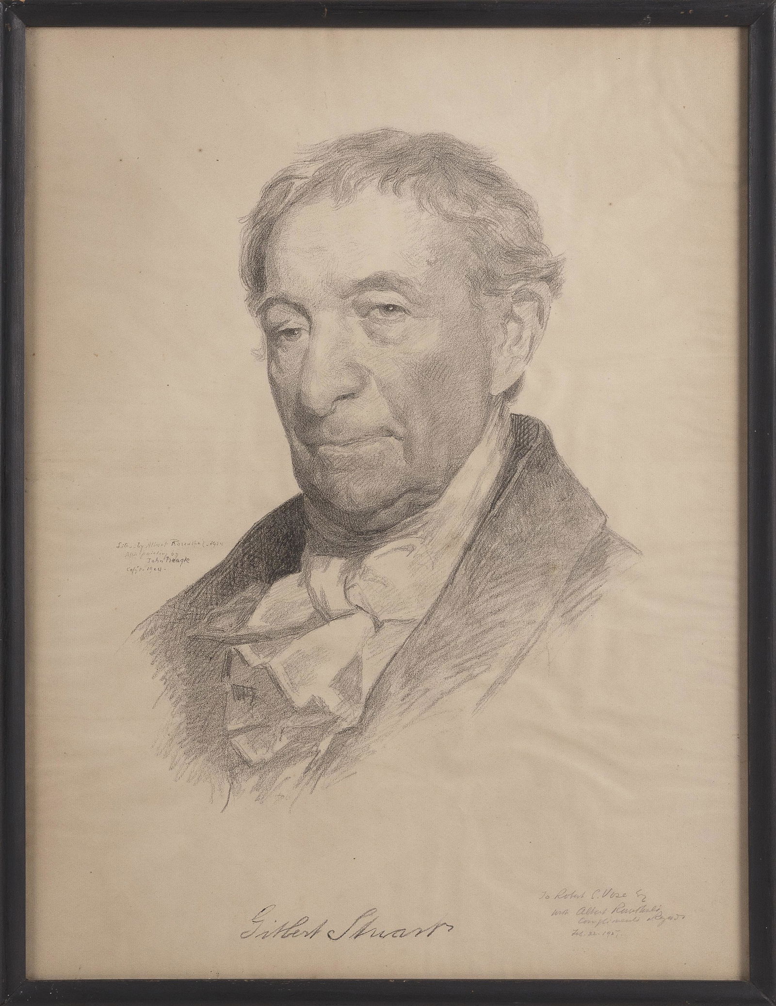 LITHOGRAPH OF GILBERT STUART Early 20th Century Framed: LITHOGRAPH OF GILBERT STUARTEarly 20th CenturyMarked "Litho. by Albert Rosenthal 1924 After painting by John Neagle ... " and with presentation inscription to Robert C. Vose Sr. by the artis