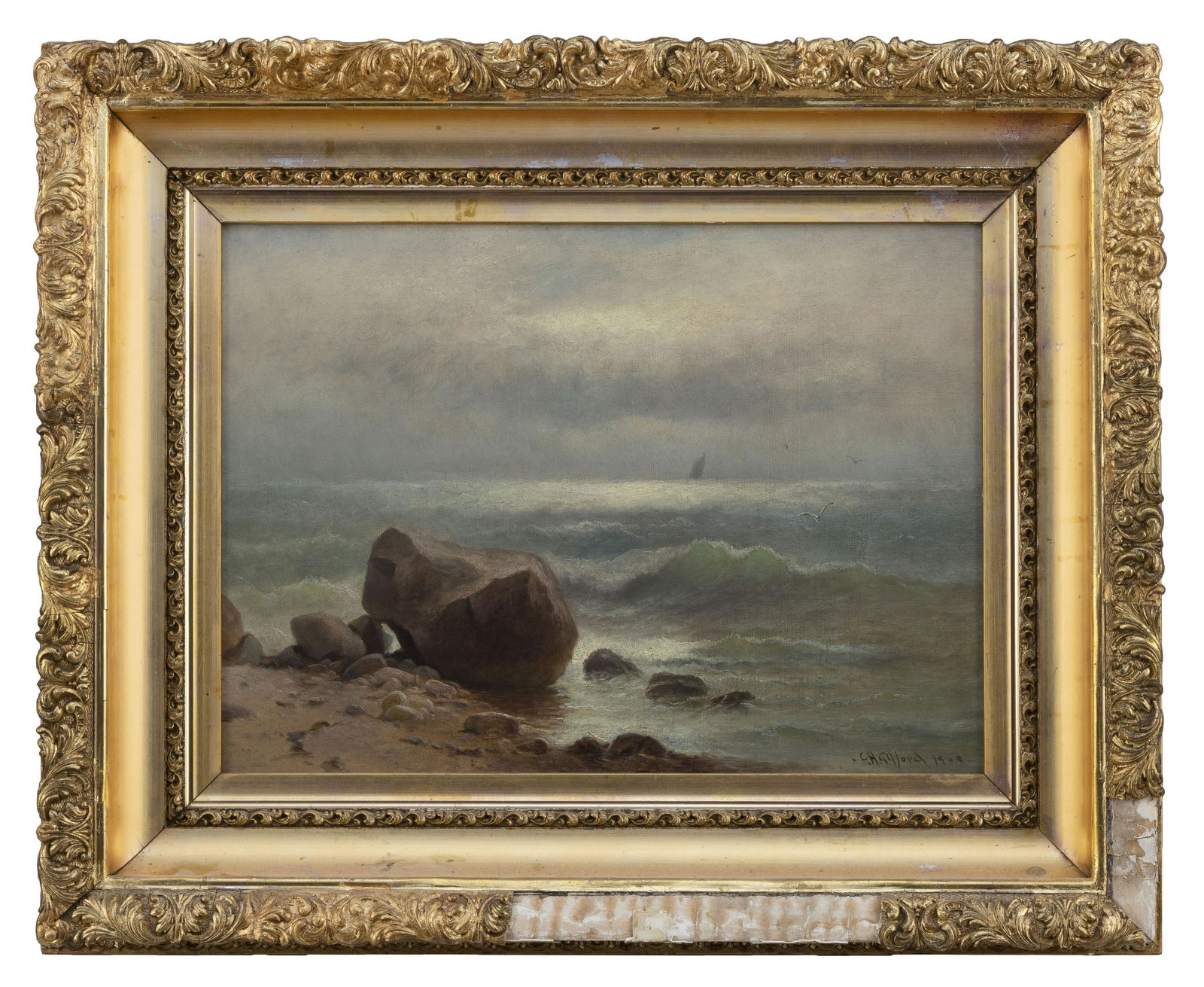 CHARLES HENRY GIFFORD (Massachusetts, 1839-1904), "Surf: CHARLES HENRY GIFFORDMassachusetts, 1839-1904"Surf Rolling in to a Rocky Shoal". Signed lower right "C.H. Gifford". Titled on label verso.Oil on canvas, 13" x 18". Framed