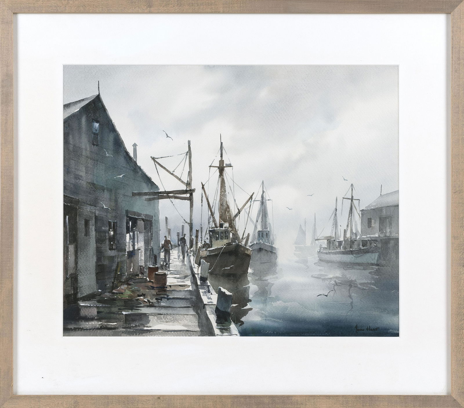 JOHN CUTHBERT HARE (Massachusetts/Florida, 1908-1978),: JOHN CUTHBERT HAREMassachusetts/Florida, 1908-1978Fishermen on the docks. Signed lower right “John Hare”.Watercolor on paper, 15.5” x 19”. Framed 23.25” x 26.5”.
