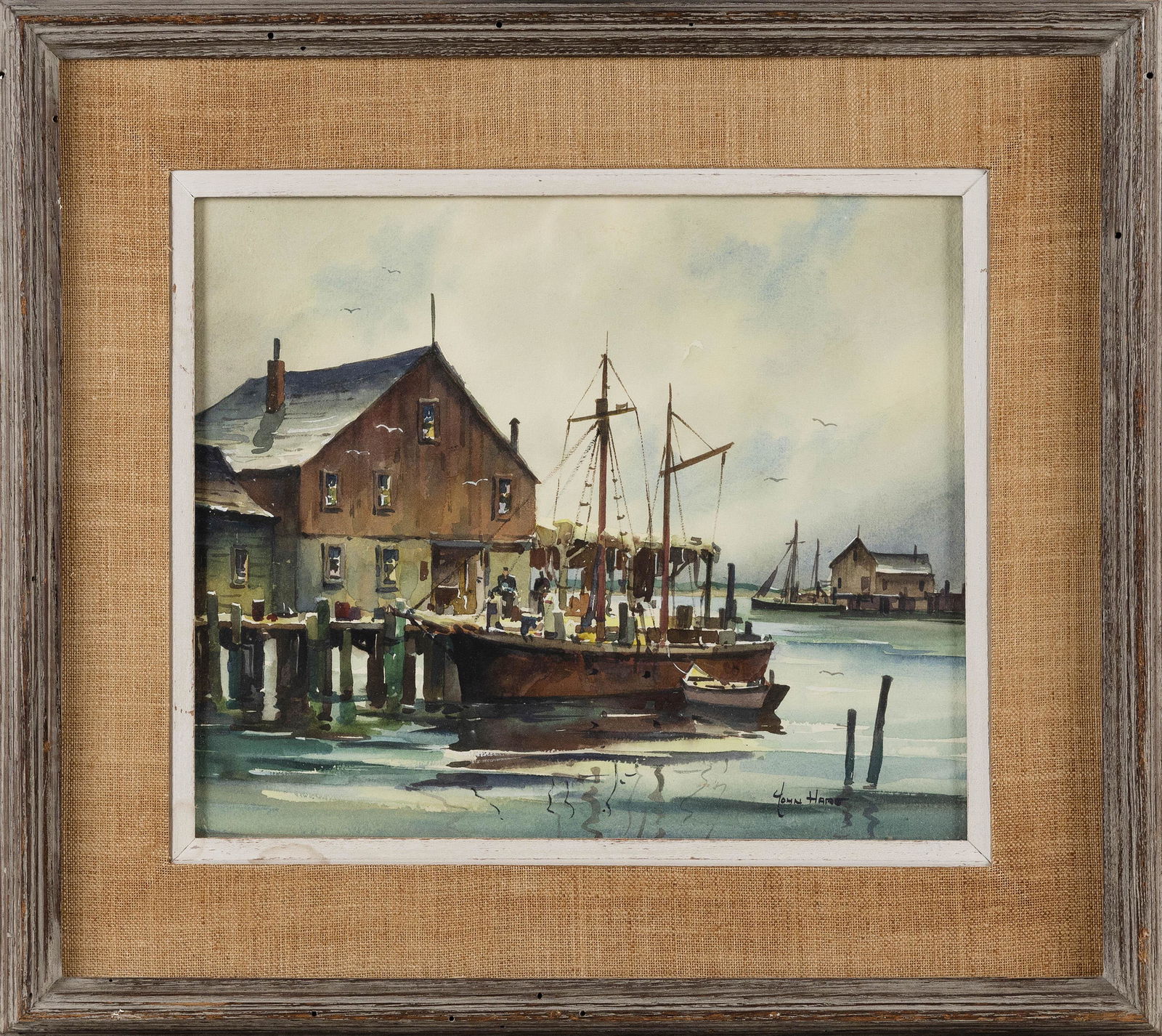 JOHN CUTHBERT HARE (Massachusetts/Florida, 1908-1978),: JOHN CUTHBERT HAREMassachusetts/Florida, 1908-1978Fishing boat at a pier. Signed lower right “John Hare”.Watercolor on paper, 10” x 12” sight. Framed 15.5” x 17.5”.