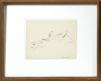 ATTRIBUTED TO CHARLES HERBERT WOODBURY, Maine: ATTRIBUTED TO CHARLES HERBERT WOODBURY Maine/Massachusetts, 1864-1940 Sketch of a dory. Unsigned. Dated lower right "June 12". Charcoal on paper, 5.75" x 7.25". Framed 12" x