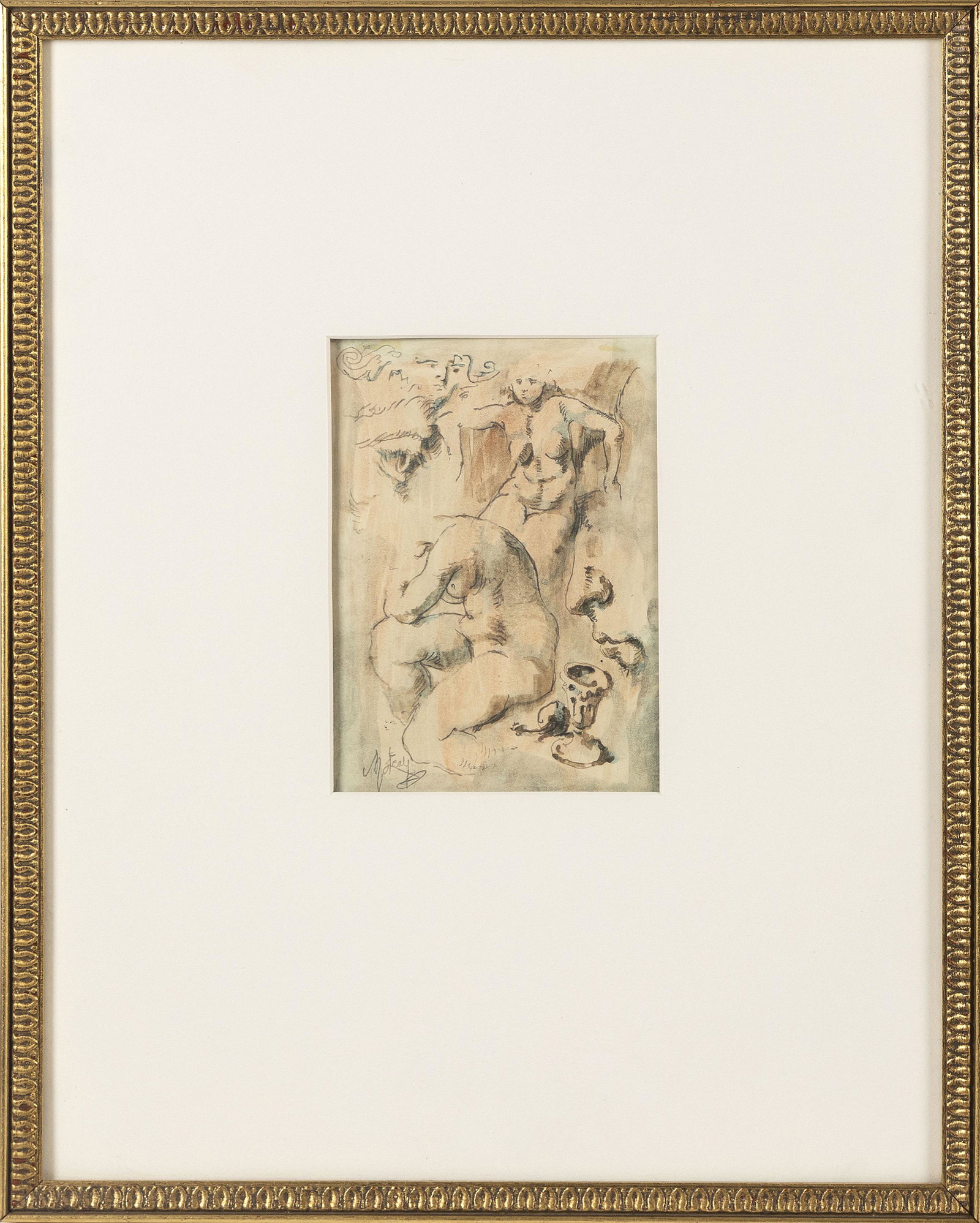 CONGER A. METCALF, Massachusetts: CONGER A. METCALF Massachusetts/Iowa, 1914-1998 Nude study. Signed lower left "Metcalf". Graphite and watercolor on paper, 7.5" x 5" sight. Framed 20" x 16".