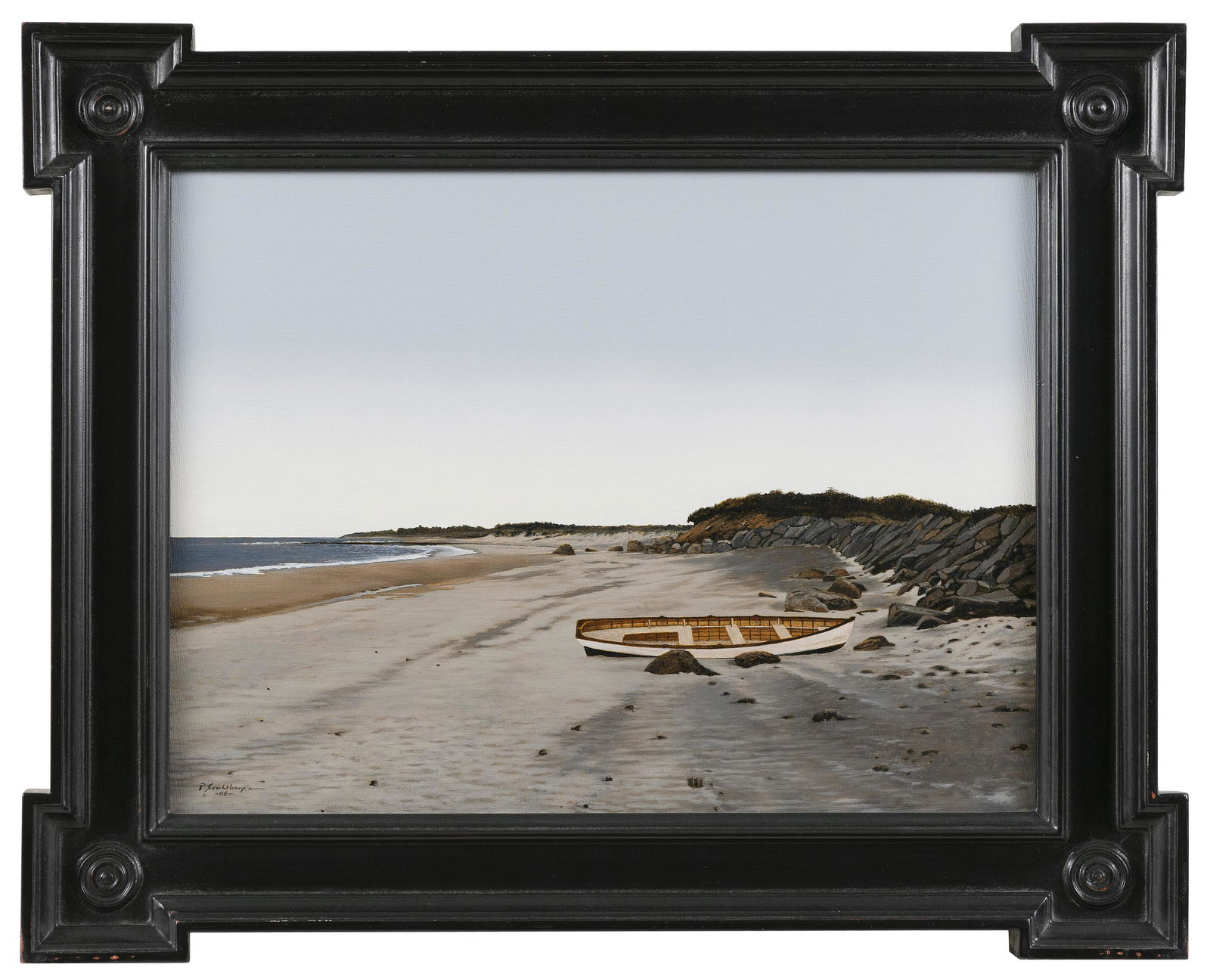 PETER SCULTHORPE, Pennsylvania: PETER SCULTHORPEPennsylvania/Canada, b. 1948"Waiting on the Tide - Squibnocket Beach - Martha's Vineyard". Signed lower left "P. Sculthorpe". Titled verso.Oil on canvas, 12" x 16". Framed 16.5" x 20.5